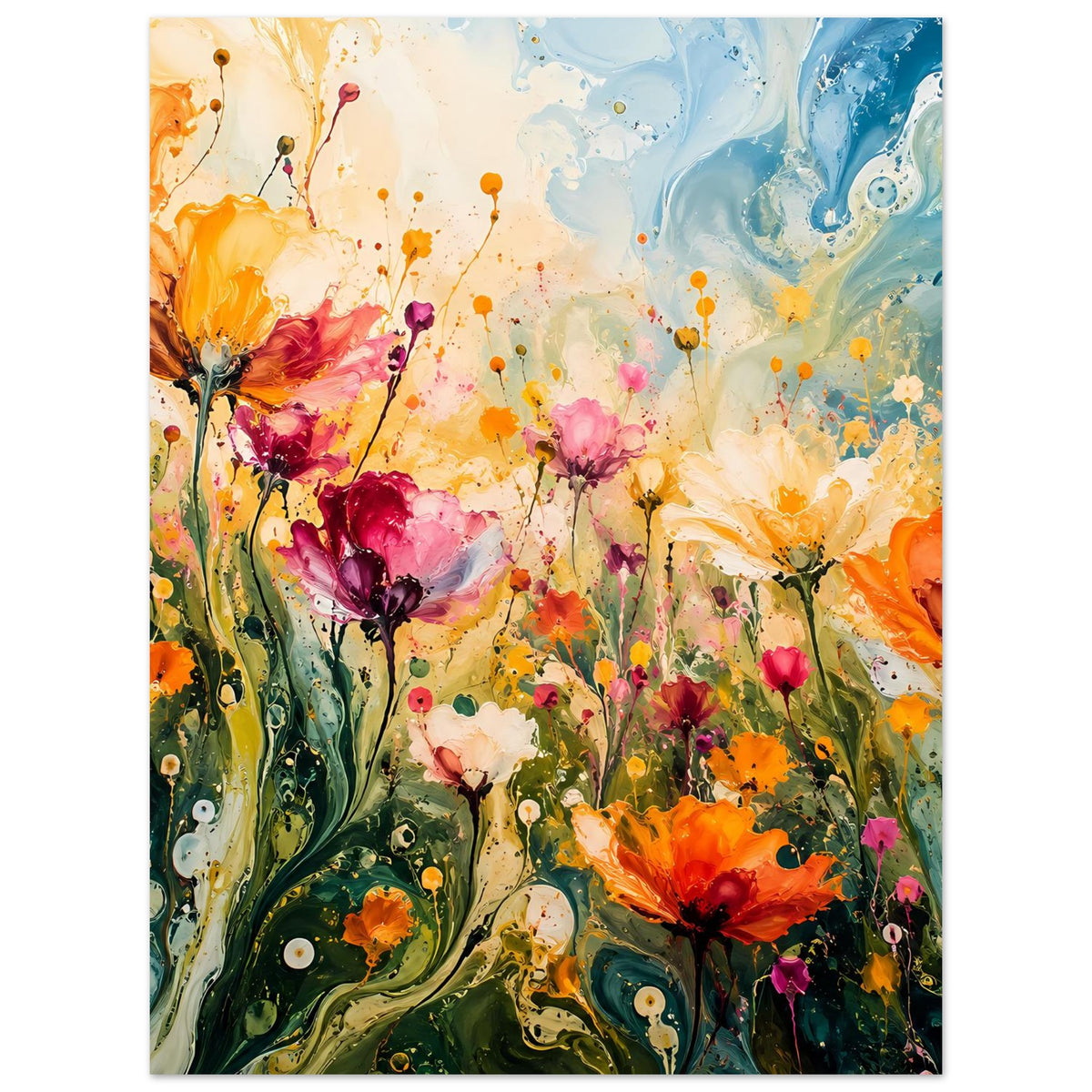 Hochformatiges abstraktes Blumenposter mit orangefarbenen, pinken und blauen Blüten und Farbspritzern