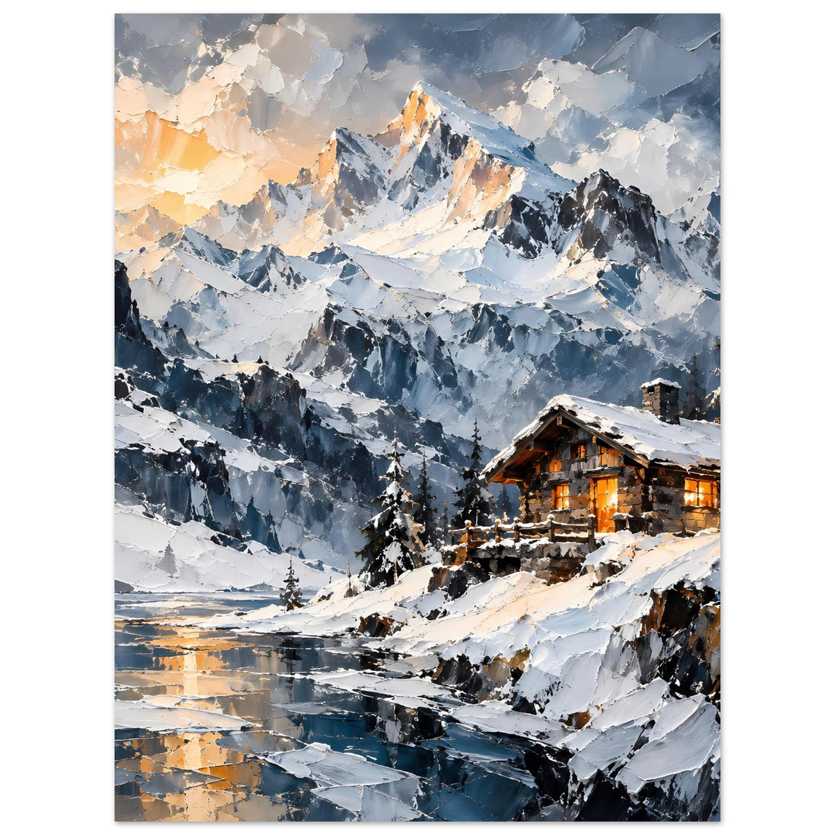 Poster mit verschneiter Bergszene, warm erleuchtete Berghütte rechts und Tannen