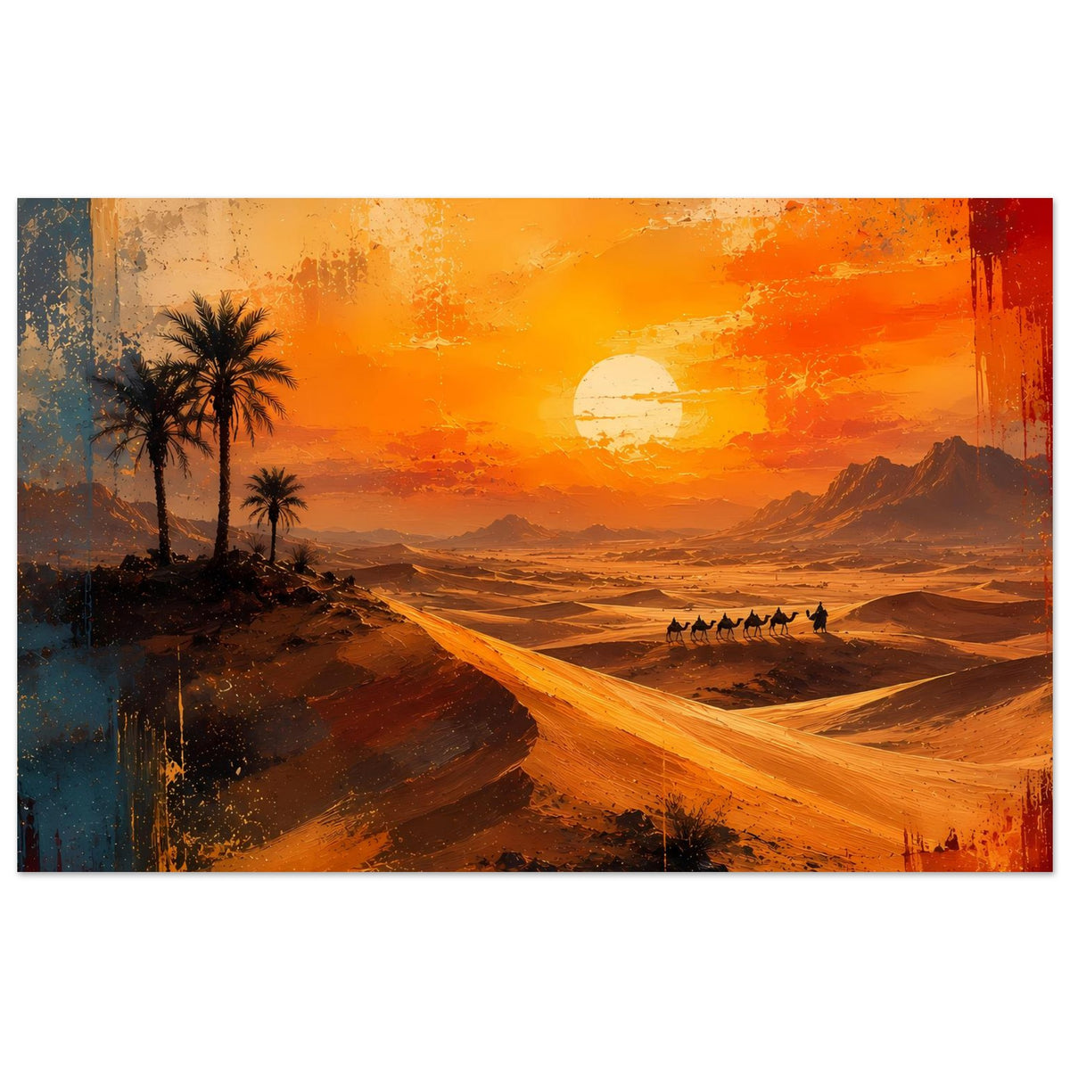 Breites Poster mit Wüstendünen, Palmen links, Karawane am Weg im Sonnenuntergang