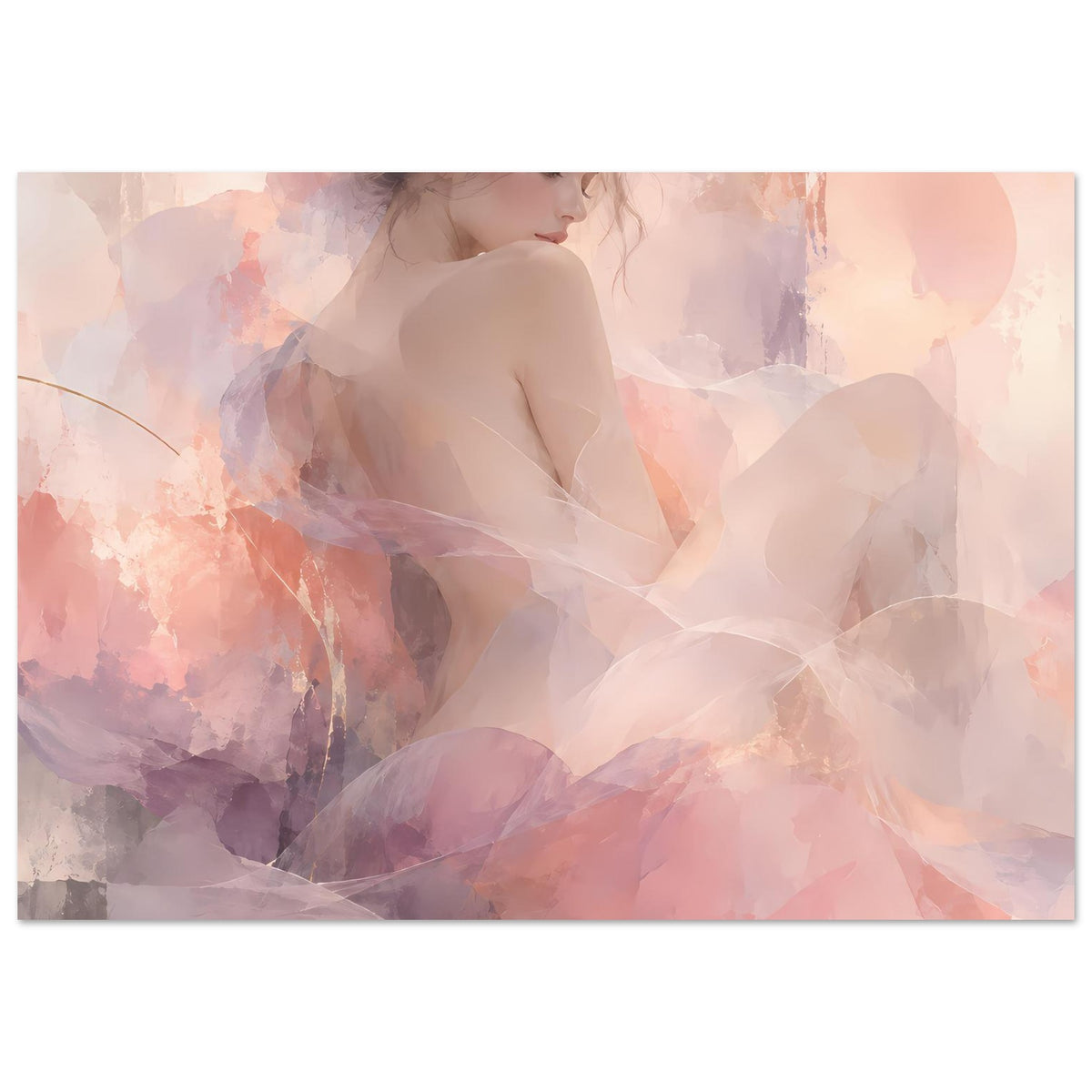 Querformatiges Wandposter mit abstraktem Frauenporträt in Pastellrosa und Lavendel