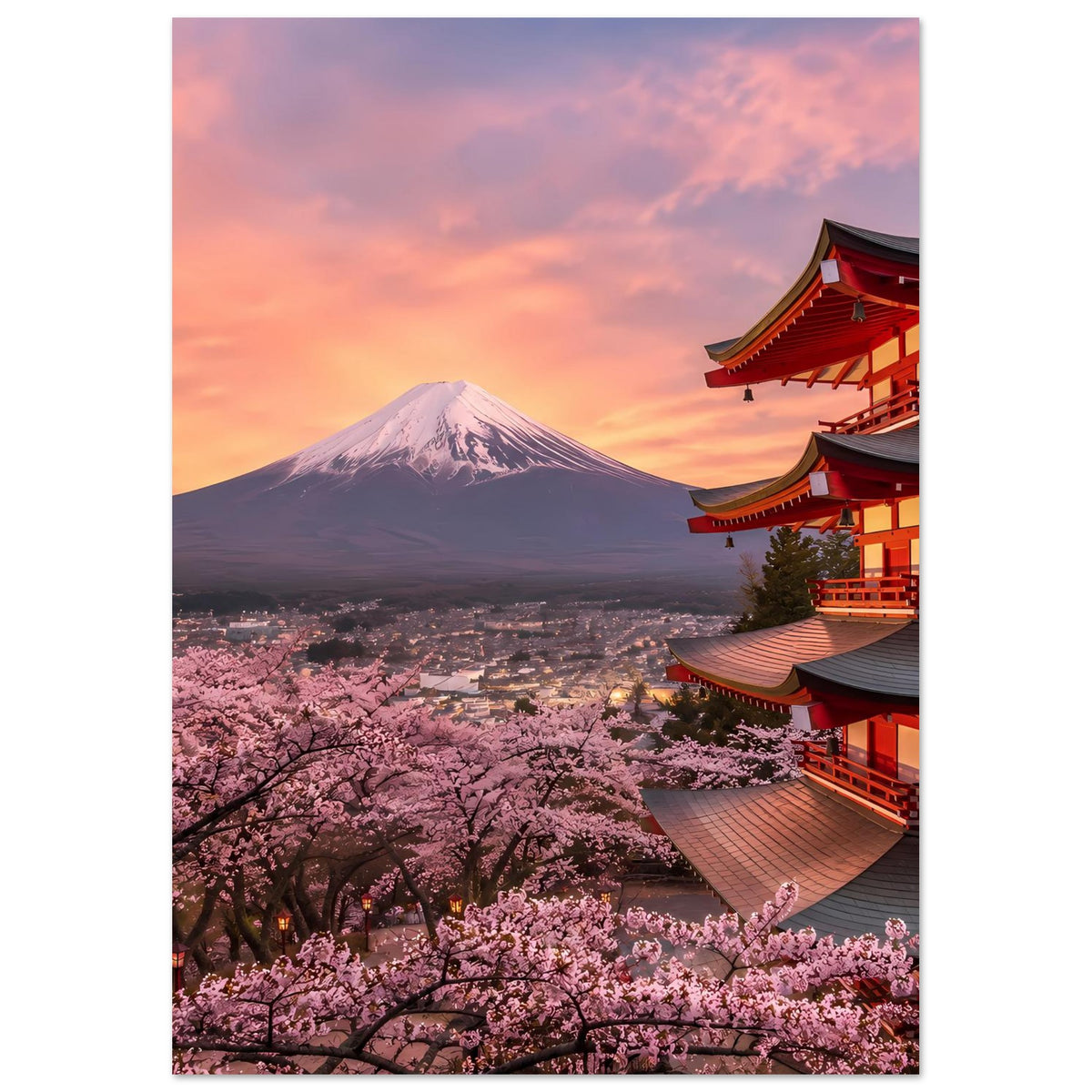 Poster mit Fuji, Kirschblüten unten und roter Pagode rechts