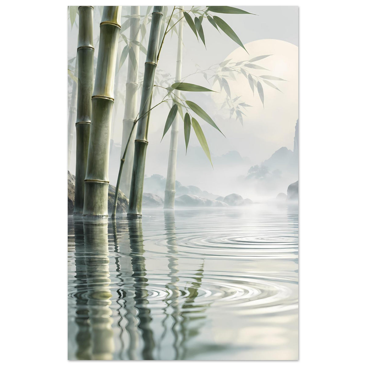 Vertikales Bambus-Reflexionsposter: Schilf am Rand, Wasserwellen und Dunst