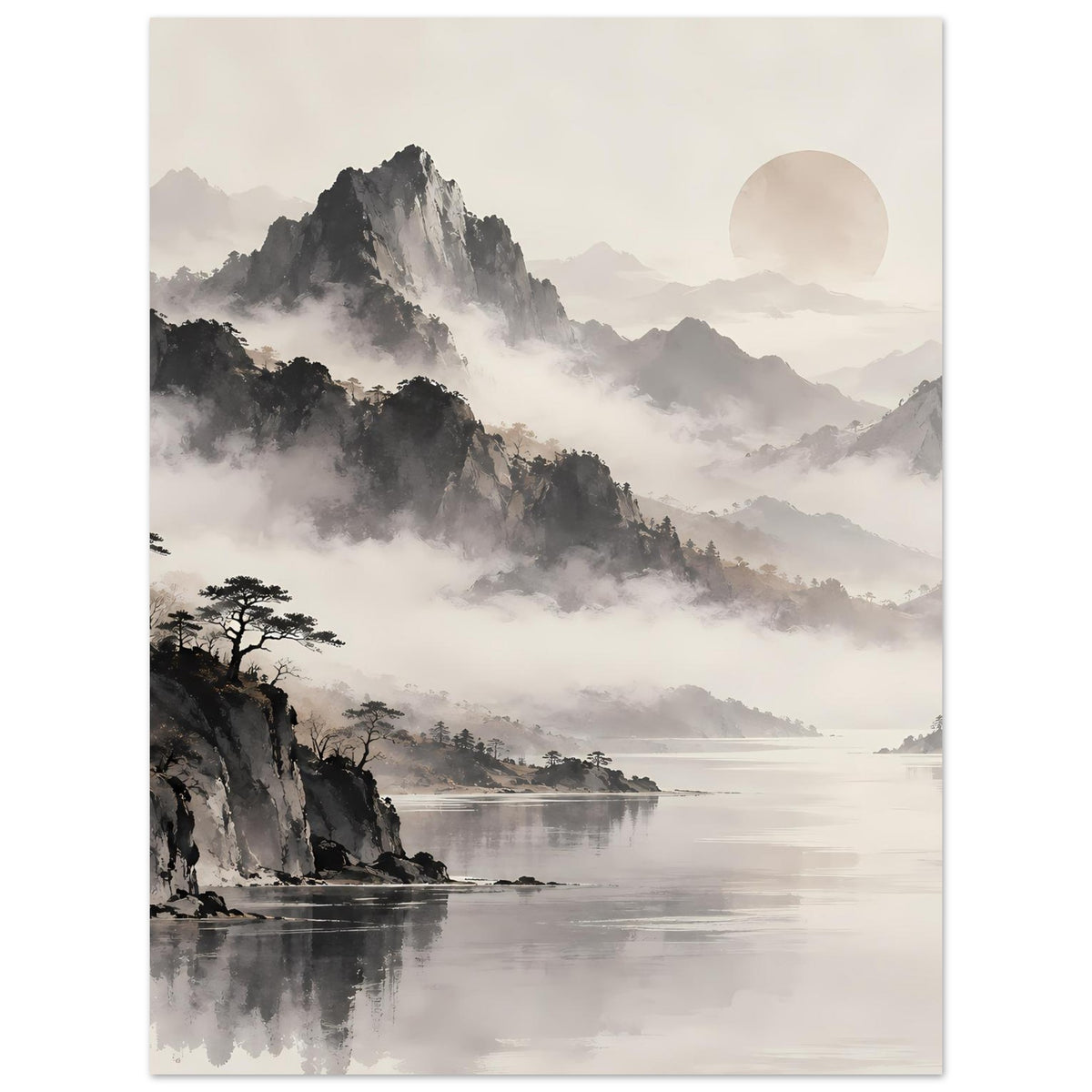 Hochformat-Poster mit nebligen Bergen in Schwarzweiß, Wasserfläche und rundem Mond im Hintergrund