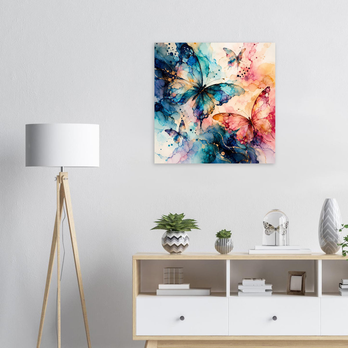Quadratisches Aquarellposter mit Schmetterlingen in Blau und Rosa