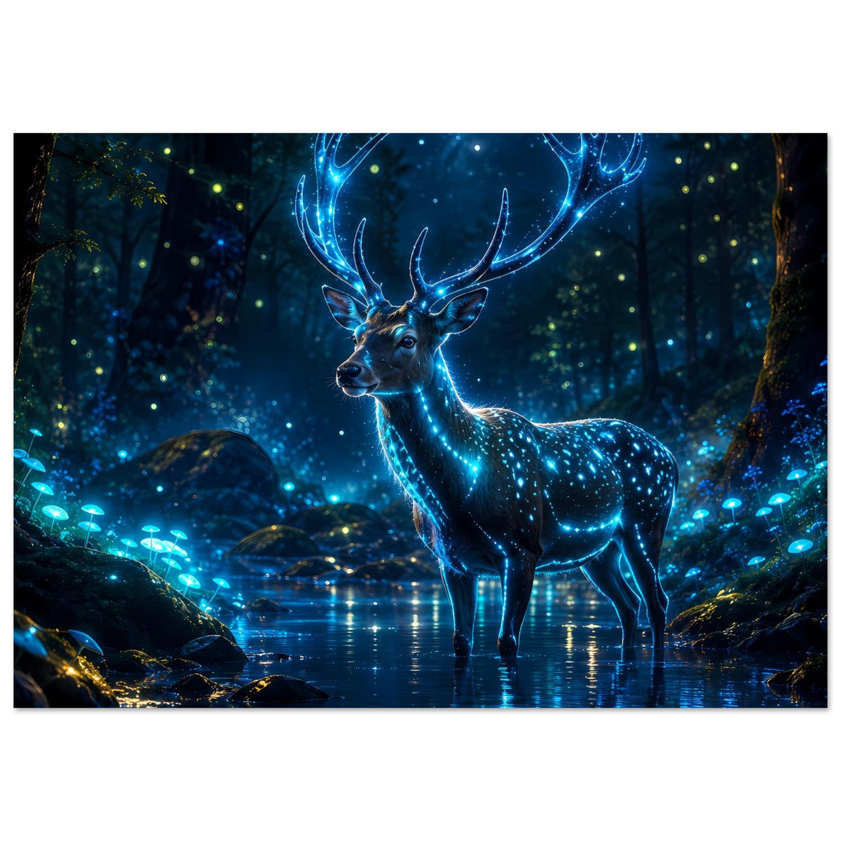 Poster mit leuchtendem Hirsch im Profil, blau glühende Geweihspitzen, stehend