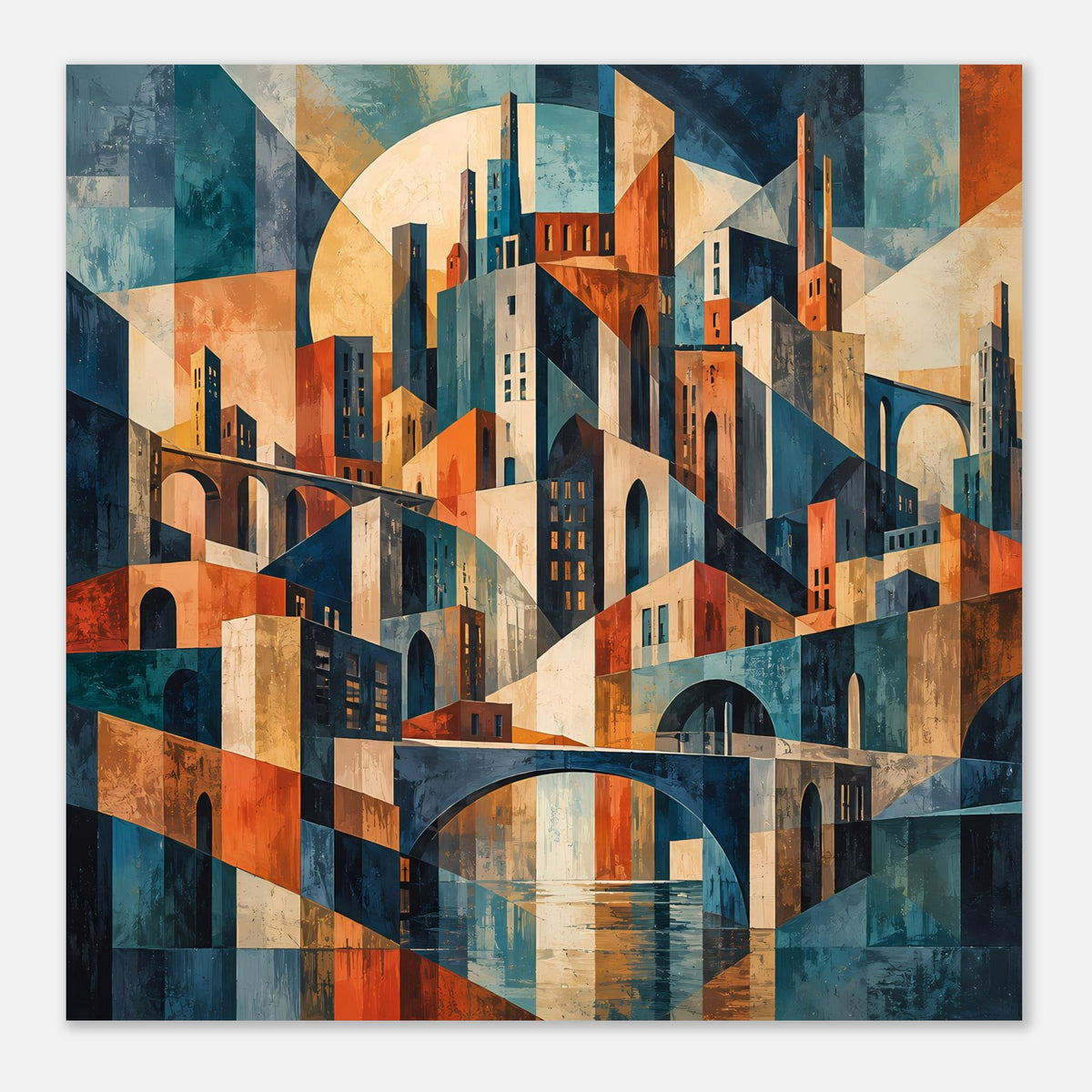 Rechteckiges Poster mit geometrischer Stadtansicht und orangefarbenem Rand, warmen Blau- und Orangetönen