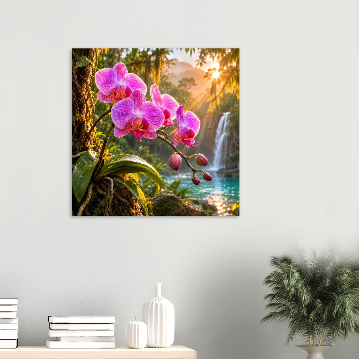 Gerahmtes Poster mit pinken Orchideenblüten und tropischer Wasser-Landschaft