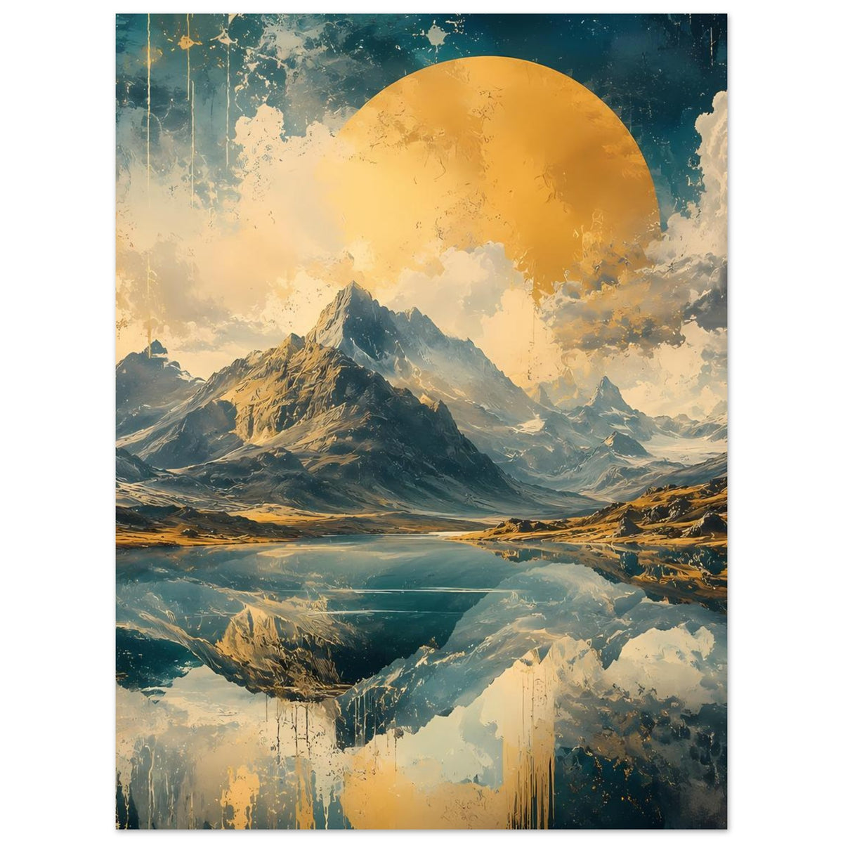 Hochformatiges Poster mit Berglandschaft, Spiegelung und Blau-Gold-Akzenten