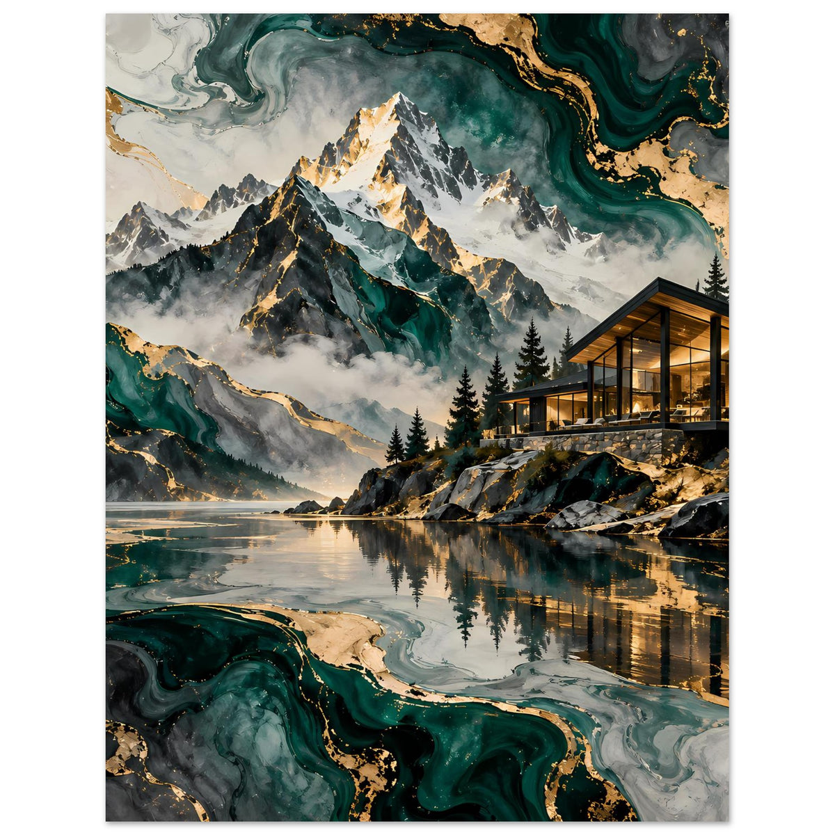 Poster mit Bergpanorama und Spiegelung im See, grüne Marmorflächen und goldene Konturen