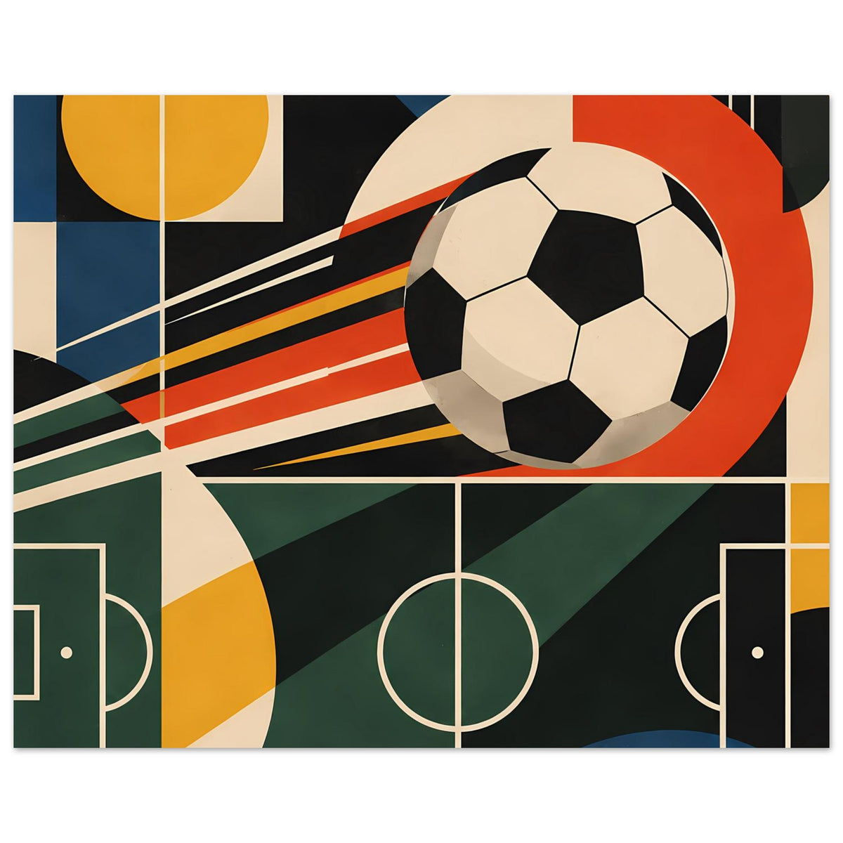 Geometrisches Fußball-Sportposter mit Ball, Mittelkreis und Torrahmen in kräftigen Farbtönen.