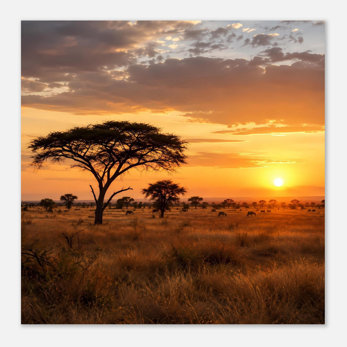 Poster im Nahblick: Akazienbaum in der Savanne bei Sonnenuntergang, Sonne am Horizont