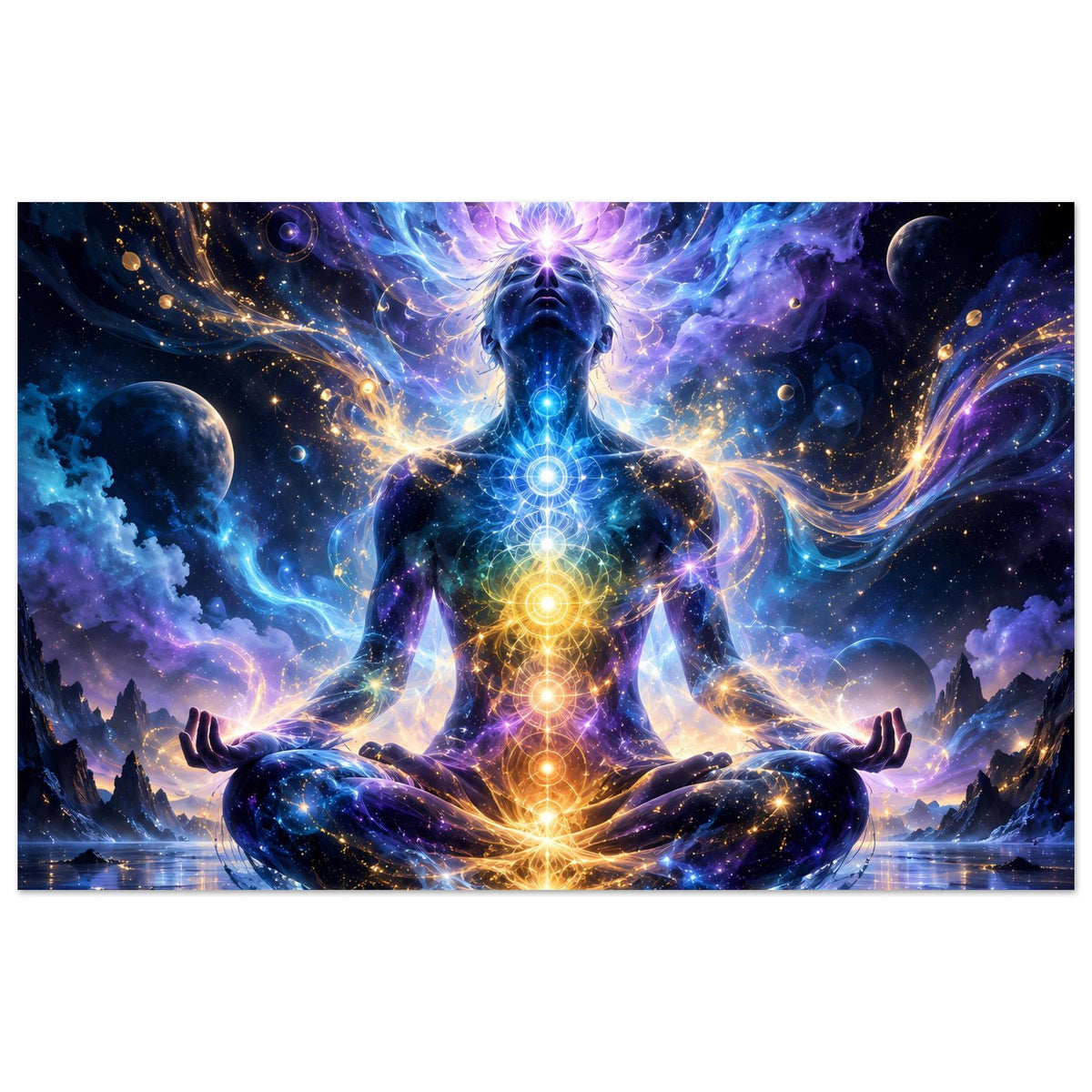 Querformat-Poster mit meditierender Chakra-Figur, leuchtende Energiepunkte im Weltraum