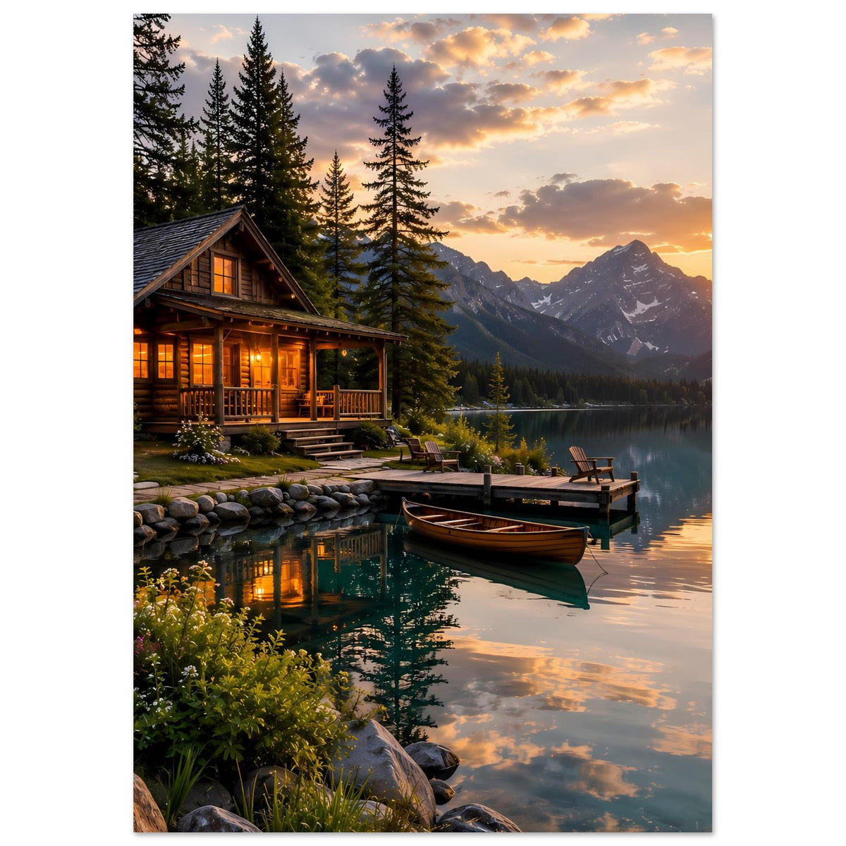 Poster von Blockhütte am Ufer mit Steg und Boot, umgeben von Tannen