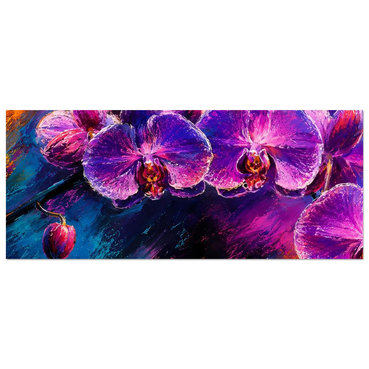 Horizontales Blumenposter, Ausschnitt mit violetten Orchideenblüten und bunten Farbakzenten