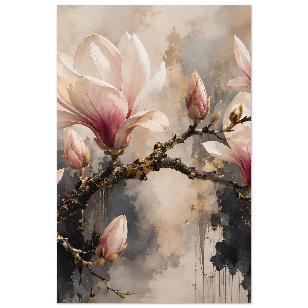 Hochformatiges Magnolienblüten-Poster mit goldfarbenen Zweigen und rosa Blüten