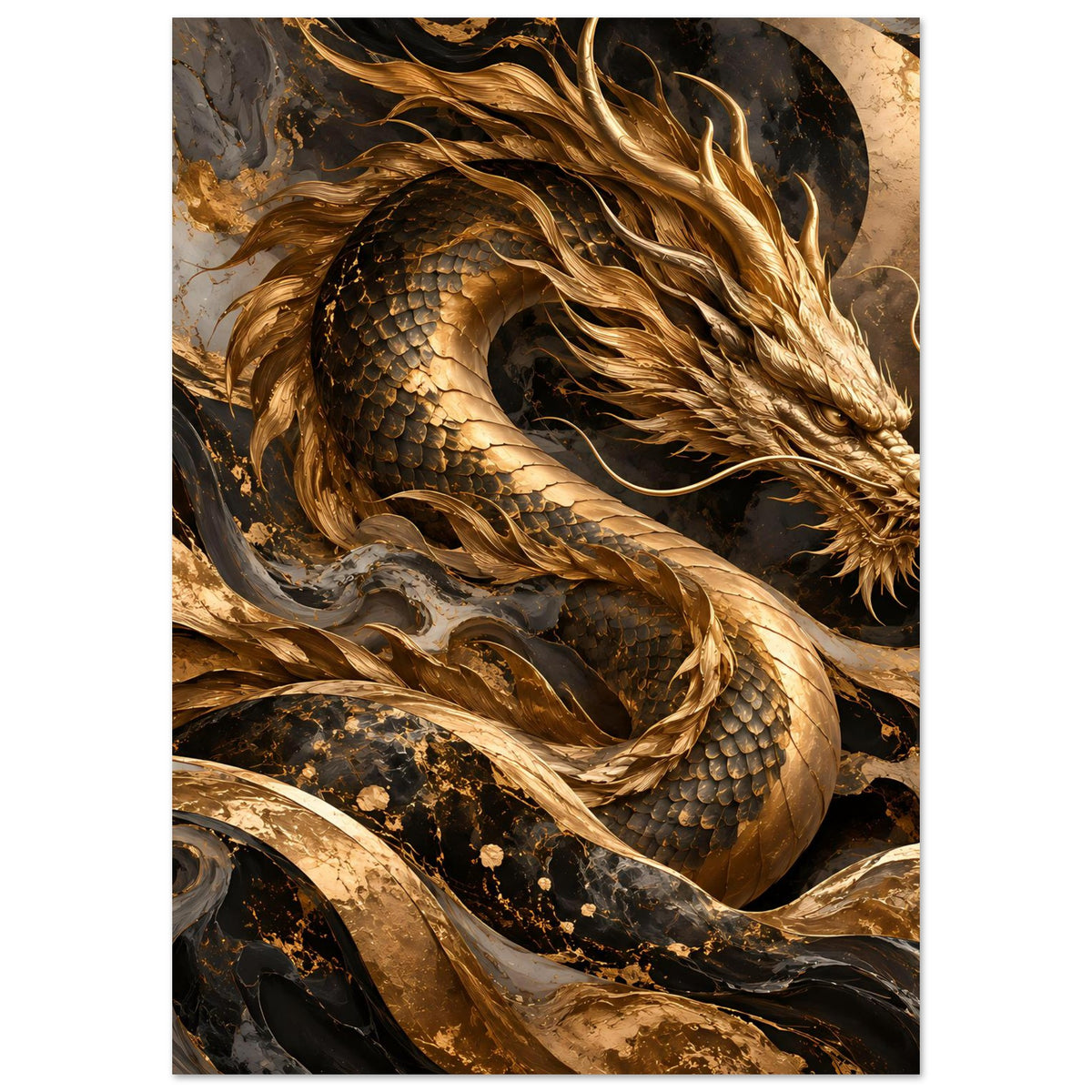 Fantasy-Poster: goldener Drache im Porträt-Ausschnitt, schuppiger Körper, dunkle Hintergrundpartien