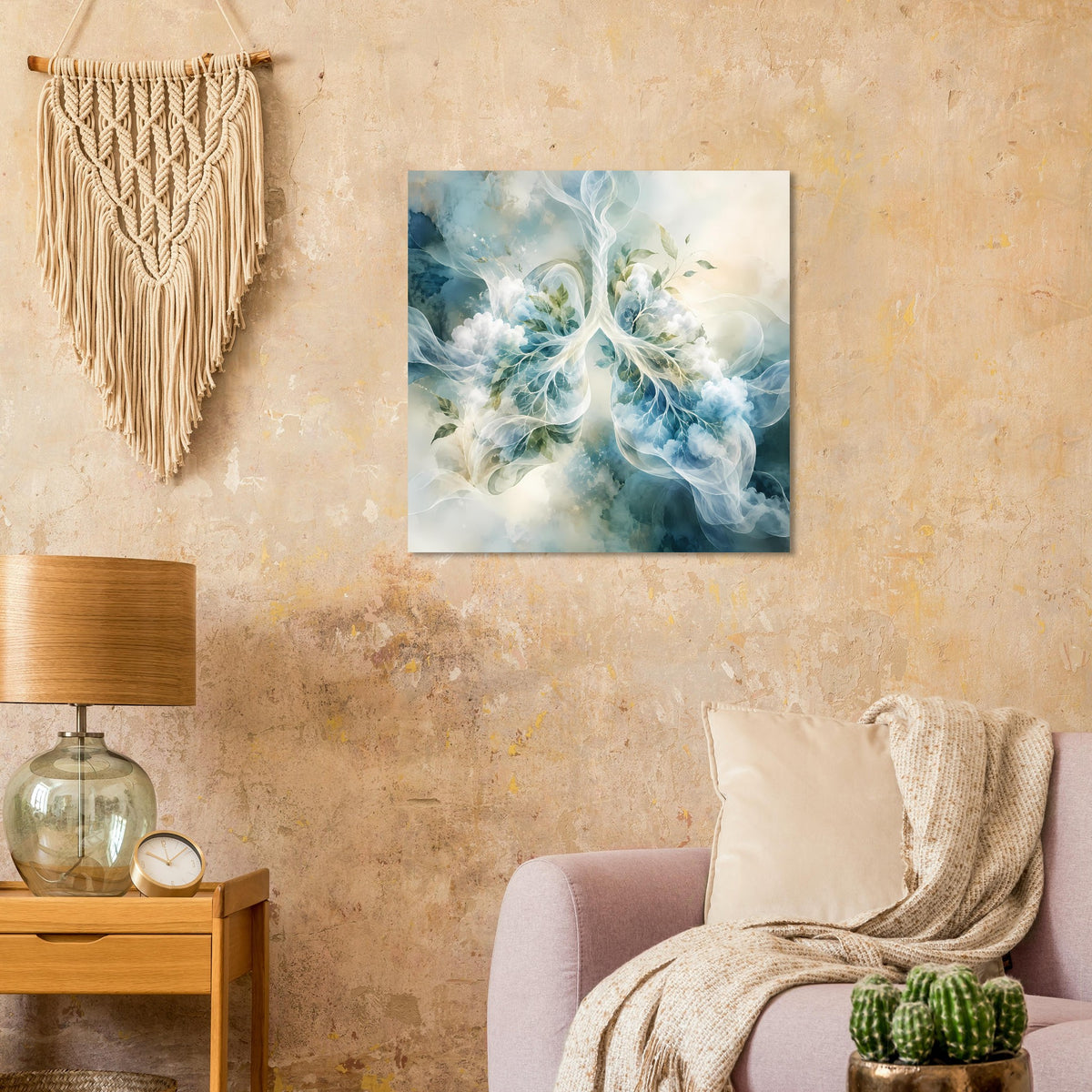 Quadratisches Surreales Anatomie-Poster mit blau-grünen Lungenformen und hellen Wolken