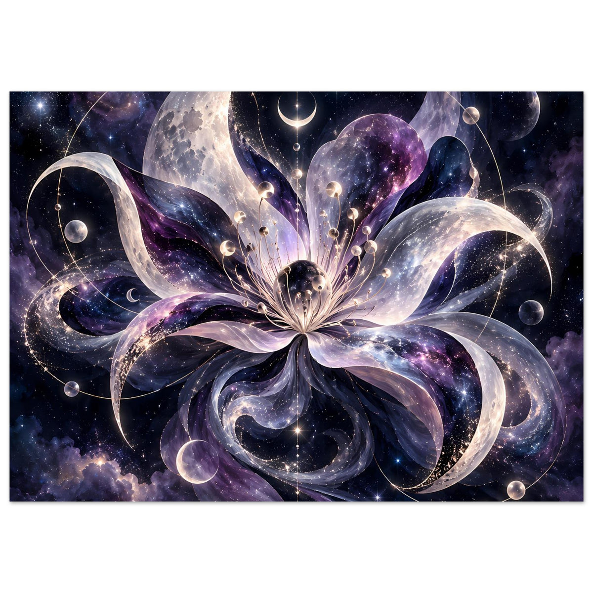 Kosmische Blüte mit Monden, Planeten und Sternen in violett-blauem Weltraum – Motivansicht 23