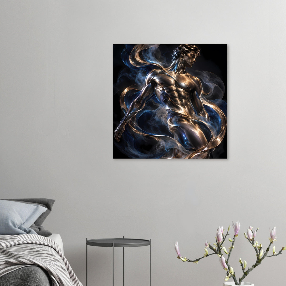 Kleines Kunstposter mit silber-goldener Frauenfigur und blauen Rauchwirbeln
