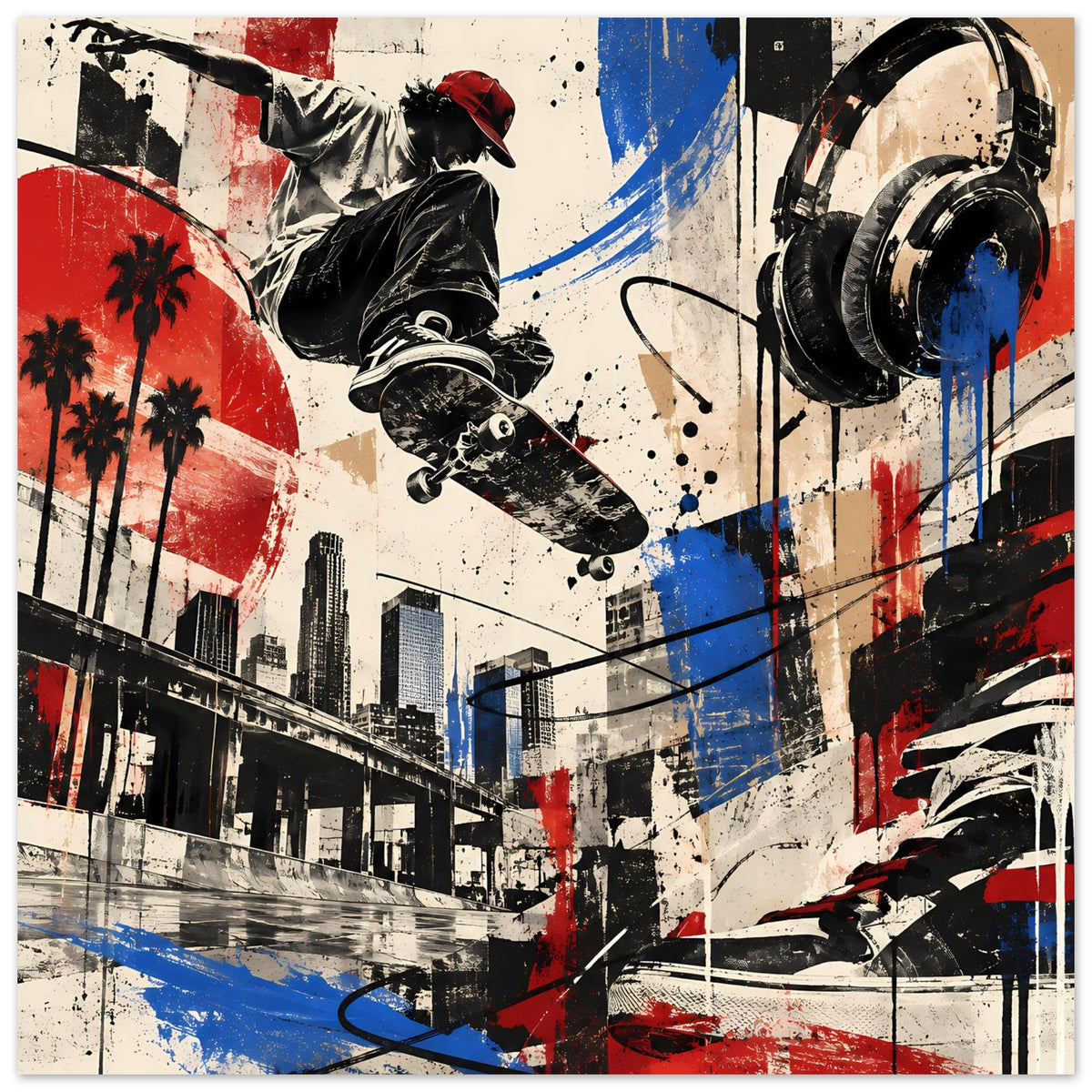 Poster mit Skateboarder und großen Kopfhörern/Ohren-Formen, Graffiti in Rot, Blau und Schwarz