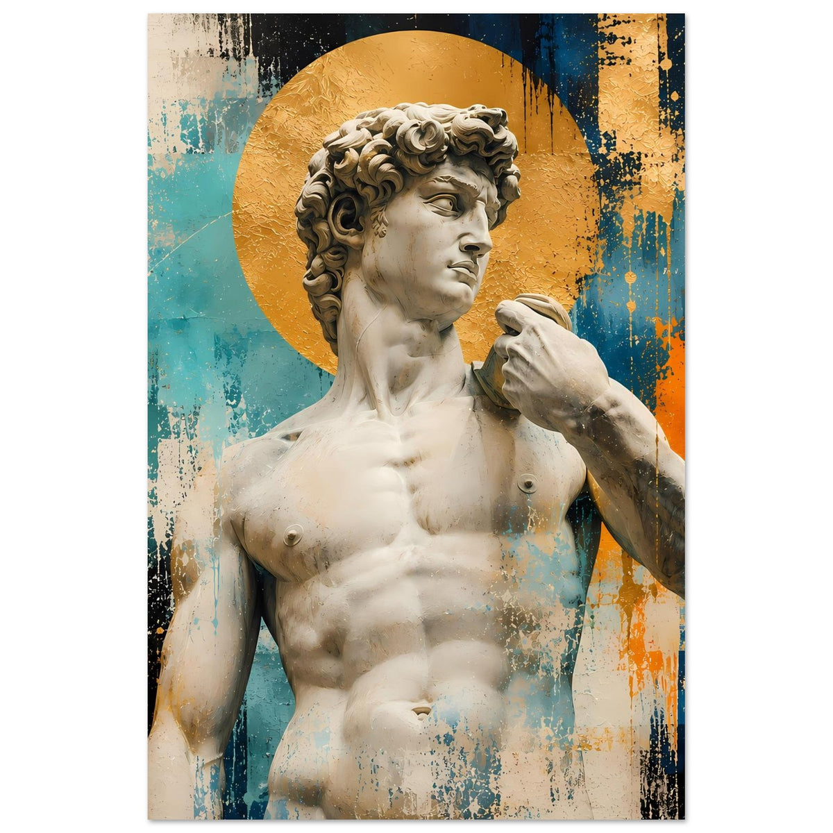 Poster mit Michelangelos Davids Statue im goldenen Kreis, Brustansicht