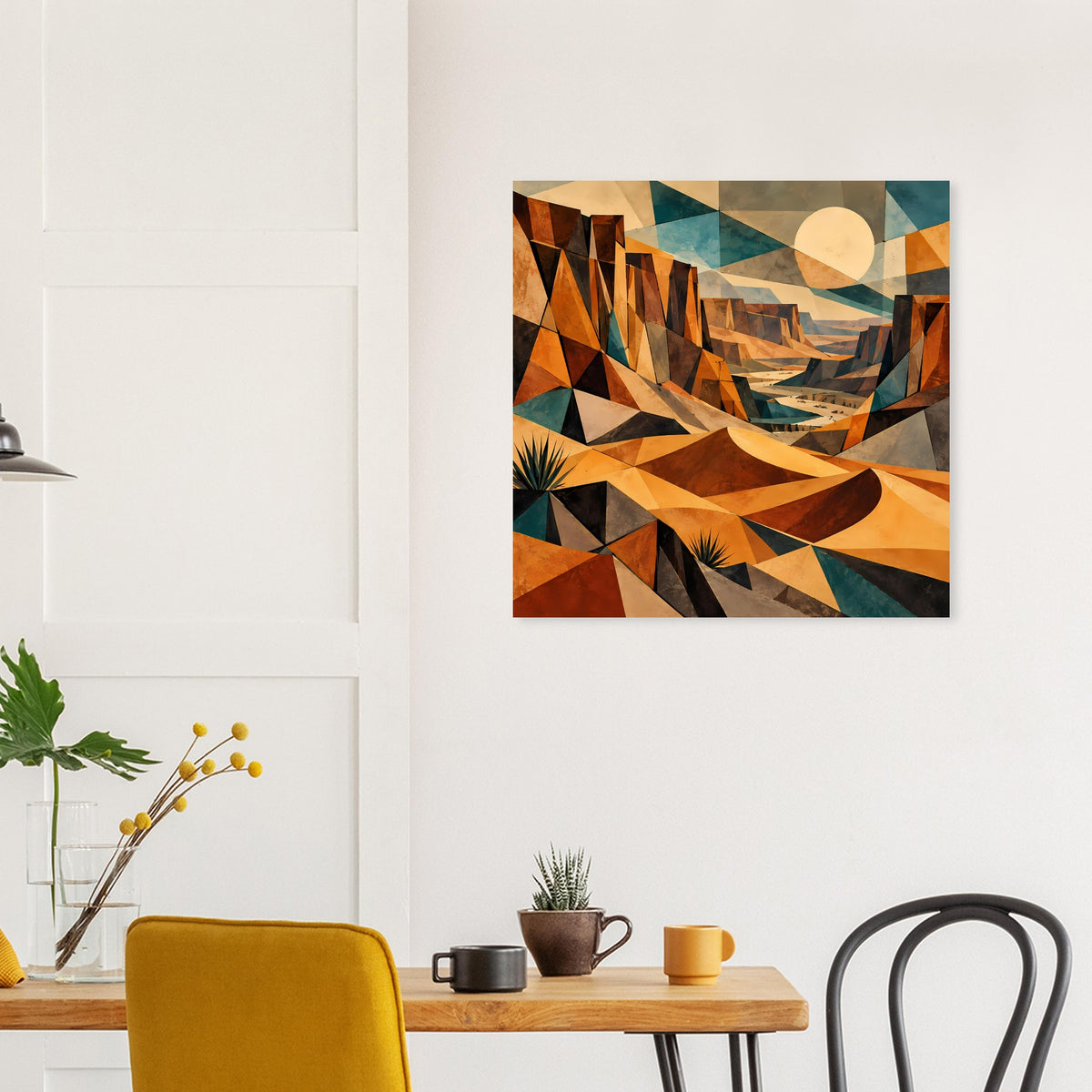 Geometrisches Wüstenlandschafts-Poster, orange-braune Geometrie, türkis Akzente und Sonnenscheibe