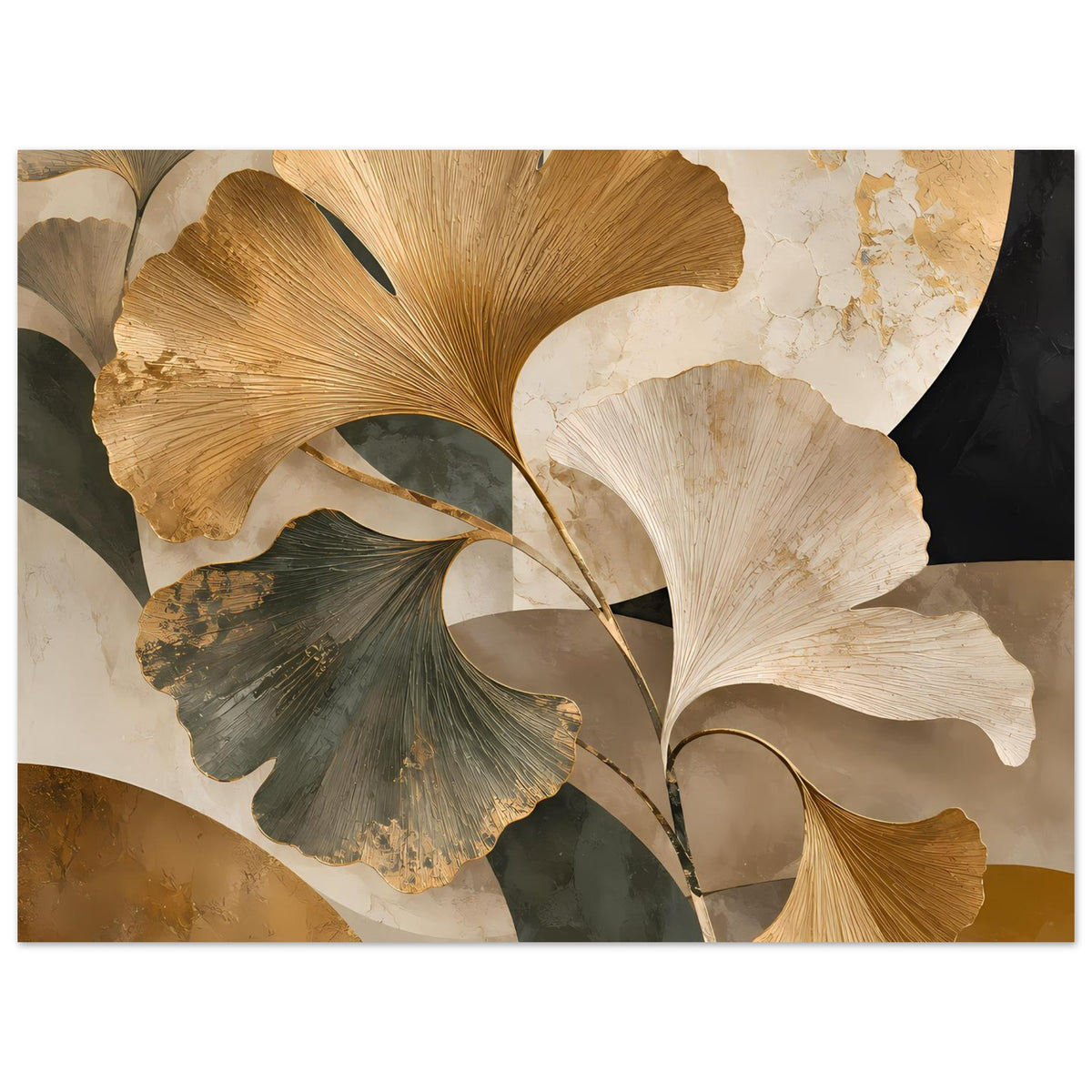 Botanisches Poster mit Ginkgo-Blättern in Gold, Beige und Dunkelgrün, horizontal