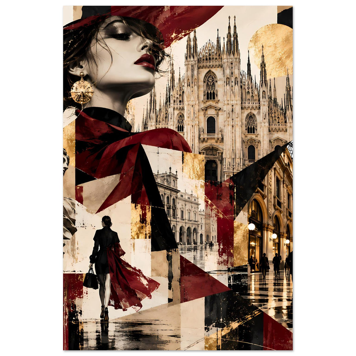 Vertikales Collage-Poster mit Frauengesicht, London-Kathedrale und Flaggenmuster in Burgund