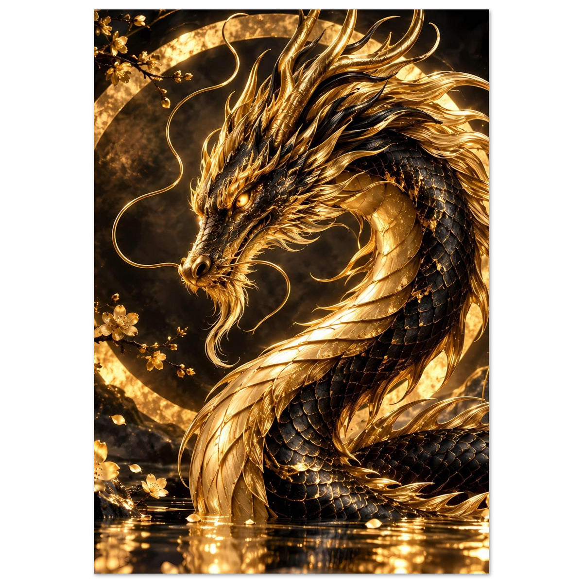 Poster mit goldener Drachenfigur, geschwungenem Flammenflügel und dunklen Schuppen, Kreisornamente