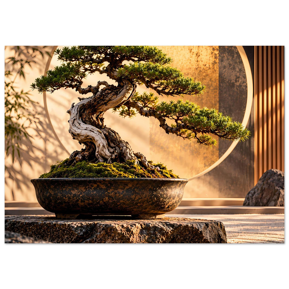 Poster mit Bonsai-Baum und dunkler Schale, goldener Kreis; Bildausschnitt enger auf Baum