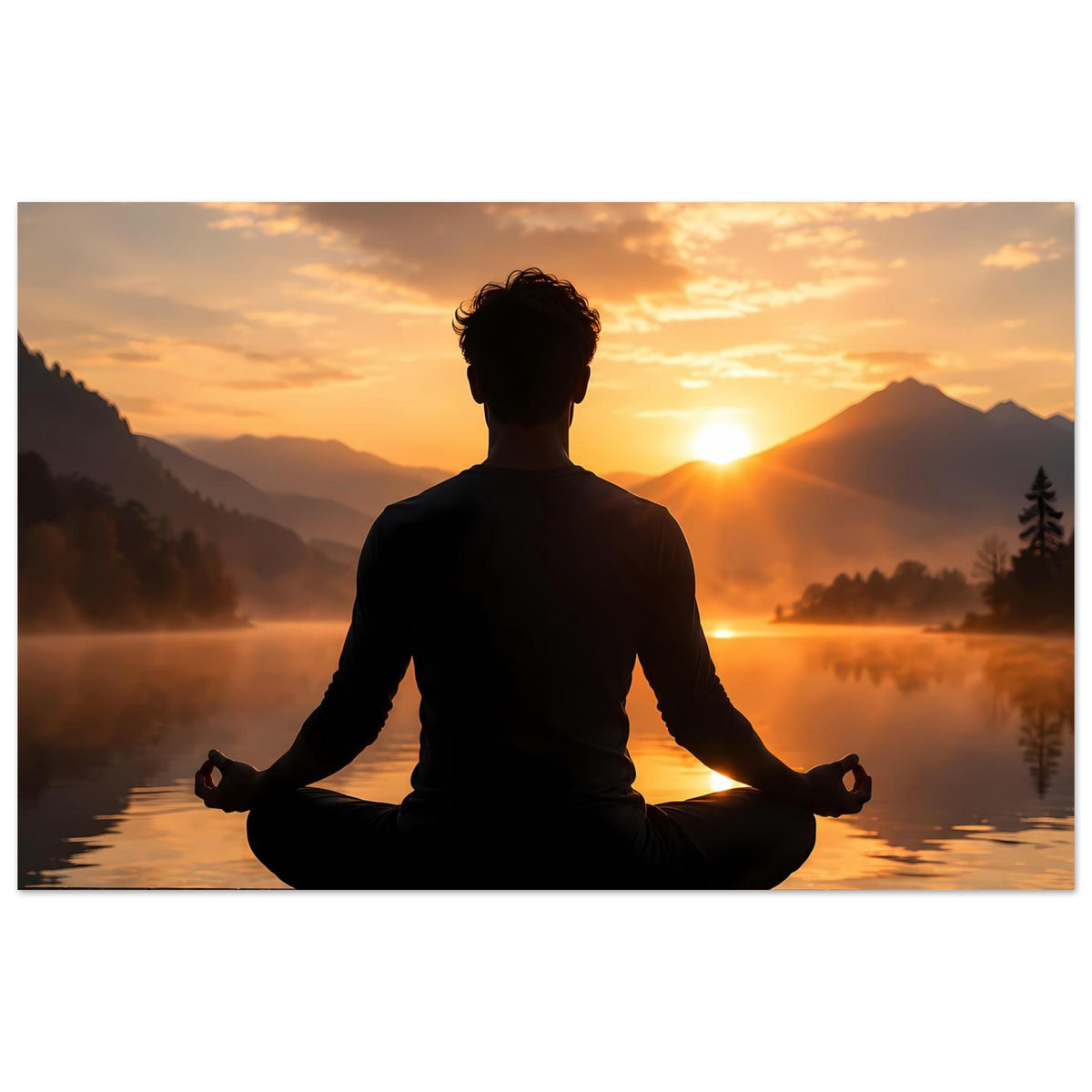 Quadratisches Poster mit meditierender Person im Lotussitz als Silhouette beim Sonnenuntergang