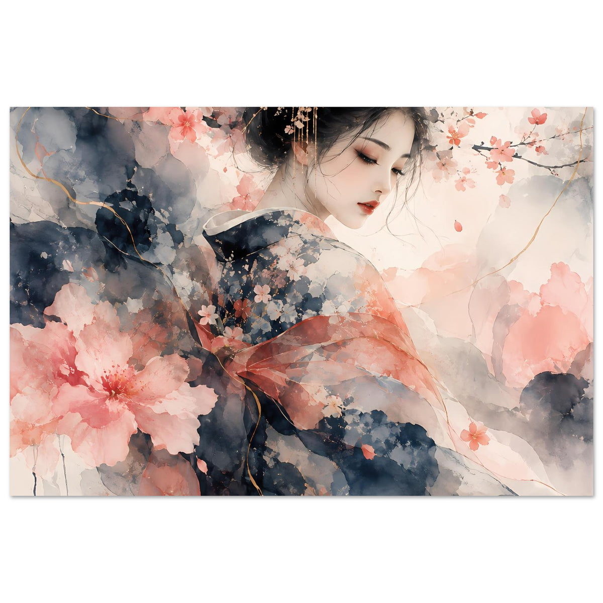 Querformat-Poster mit Aquarellmotiv: Kirschblüten und ruhige Frau in Blau- und Rosatönen
