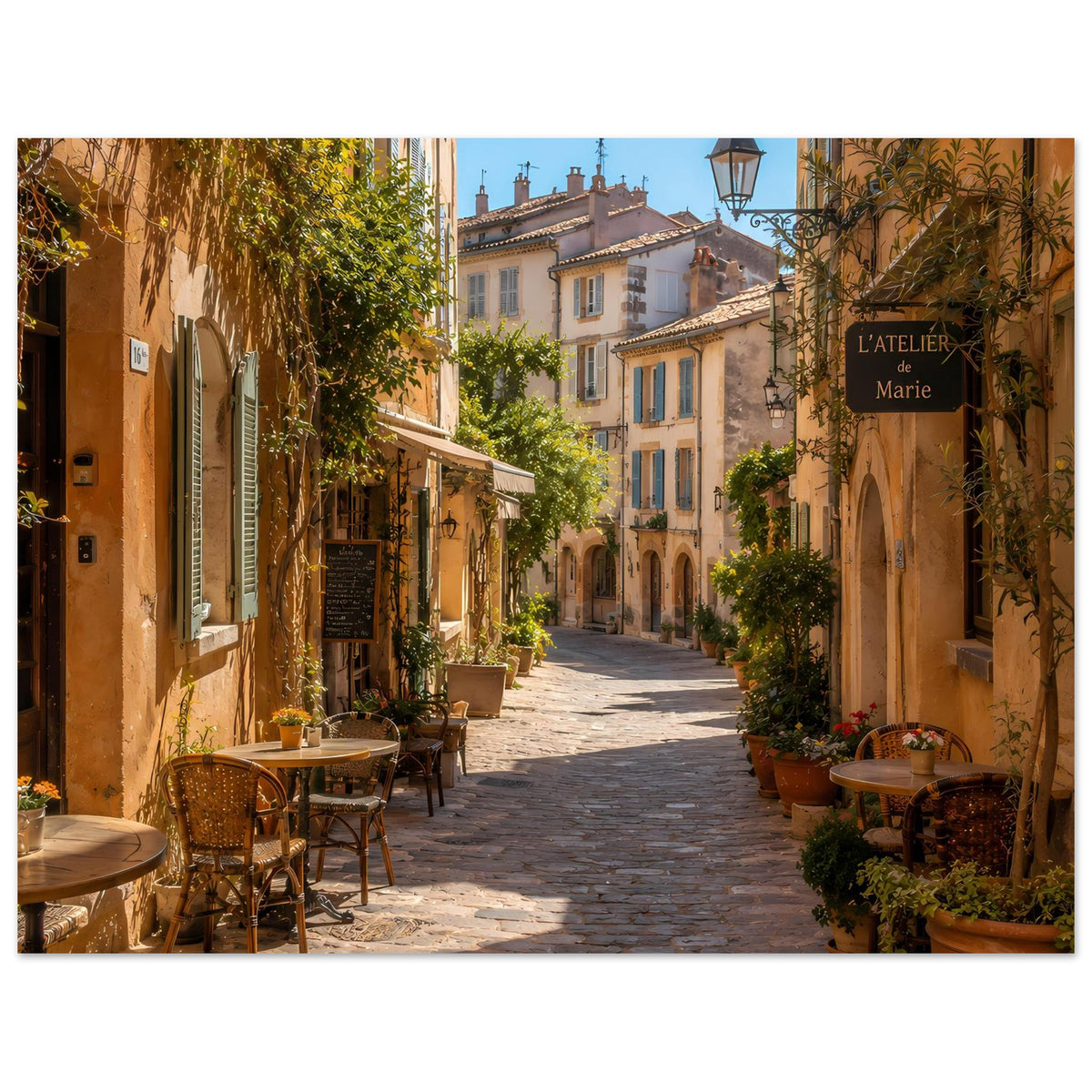 Poster mit mediterraner Altstadtgasse, Cafétischen und historischen Fassaden
