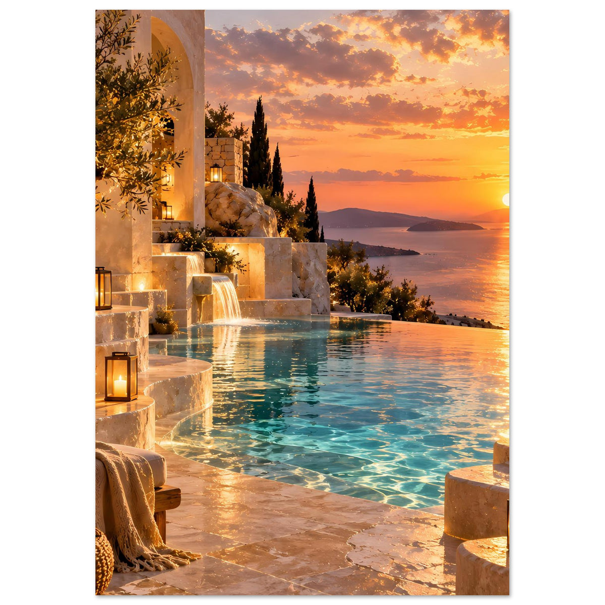 Landschaftsposter: Sonnenuntergang über dem Meer mit türkisem Pool, Wasserfall, Kerzenlaternen