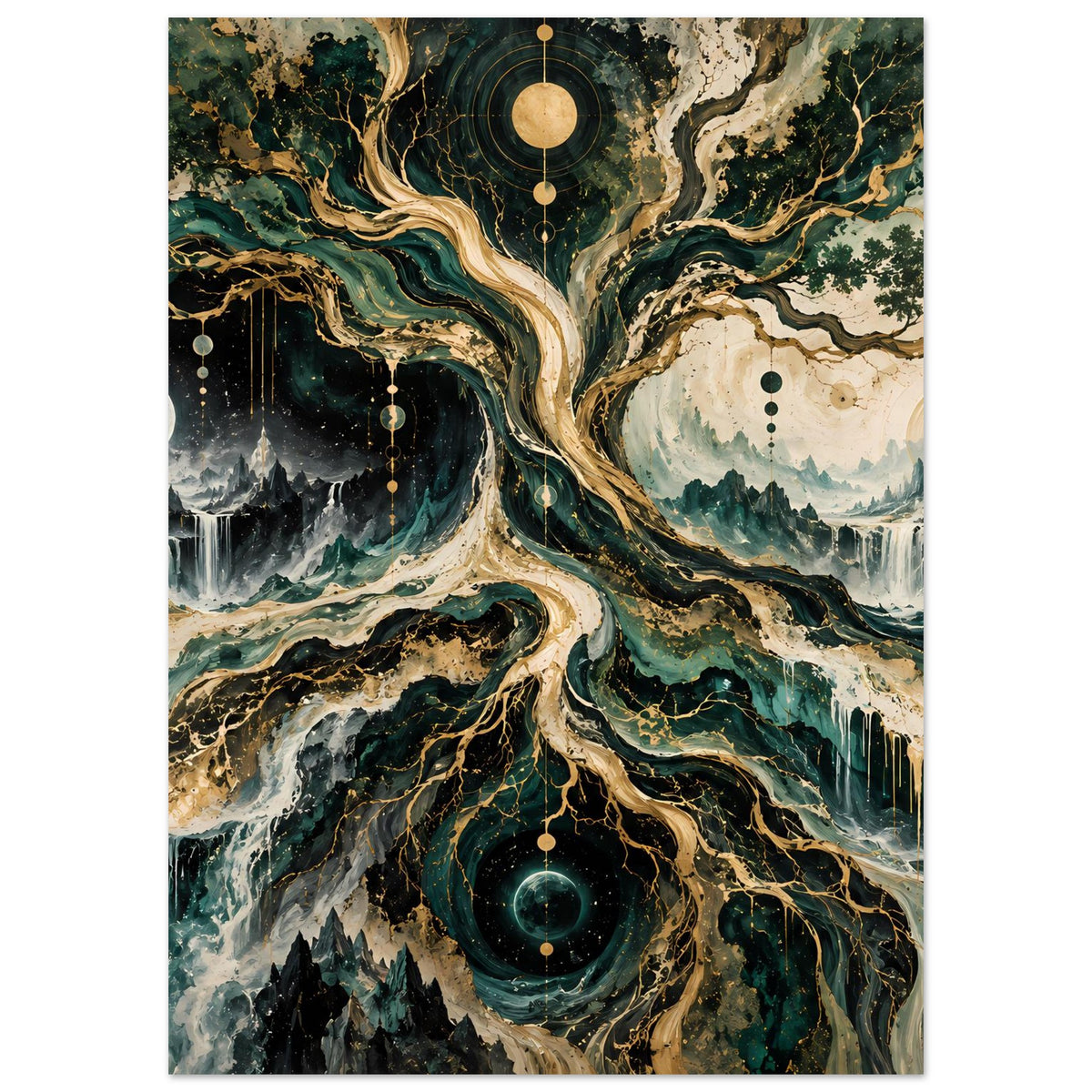 Poster mit kosmischem Baum, vertikales Format, Sternelemente, grüne Wurzeln und goldene Details
