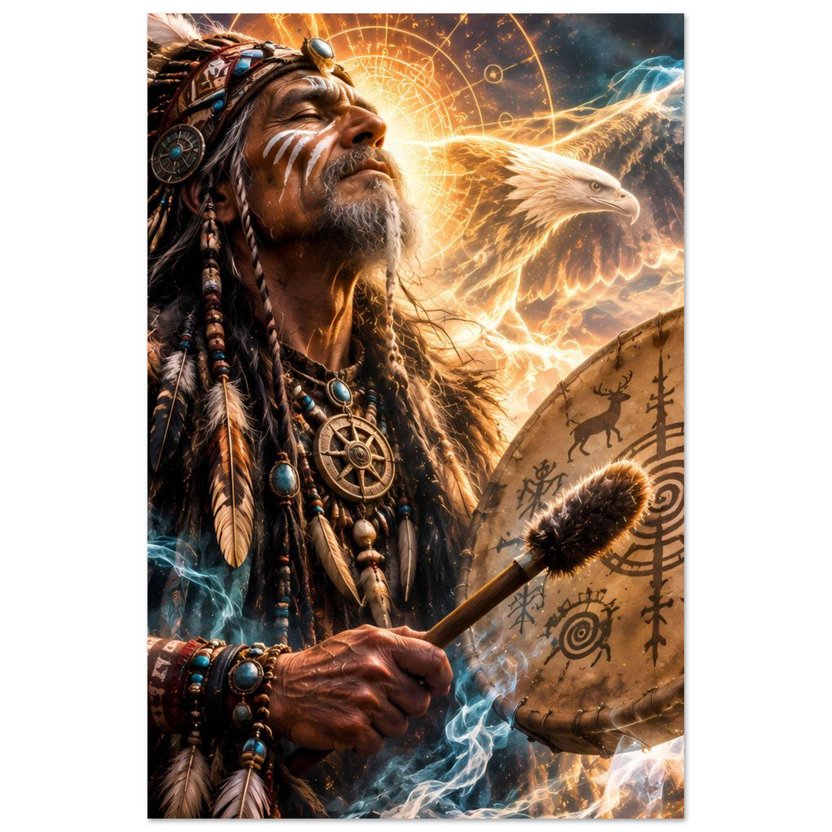 Fantasy-Poster: Schamane mit langen Federn, Trommel in der Hand, goldener Adler dahinter