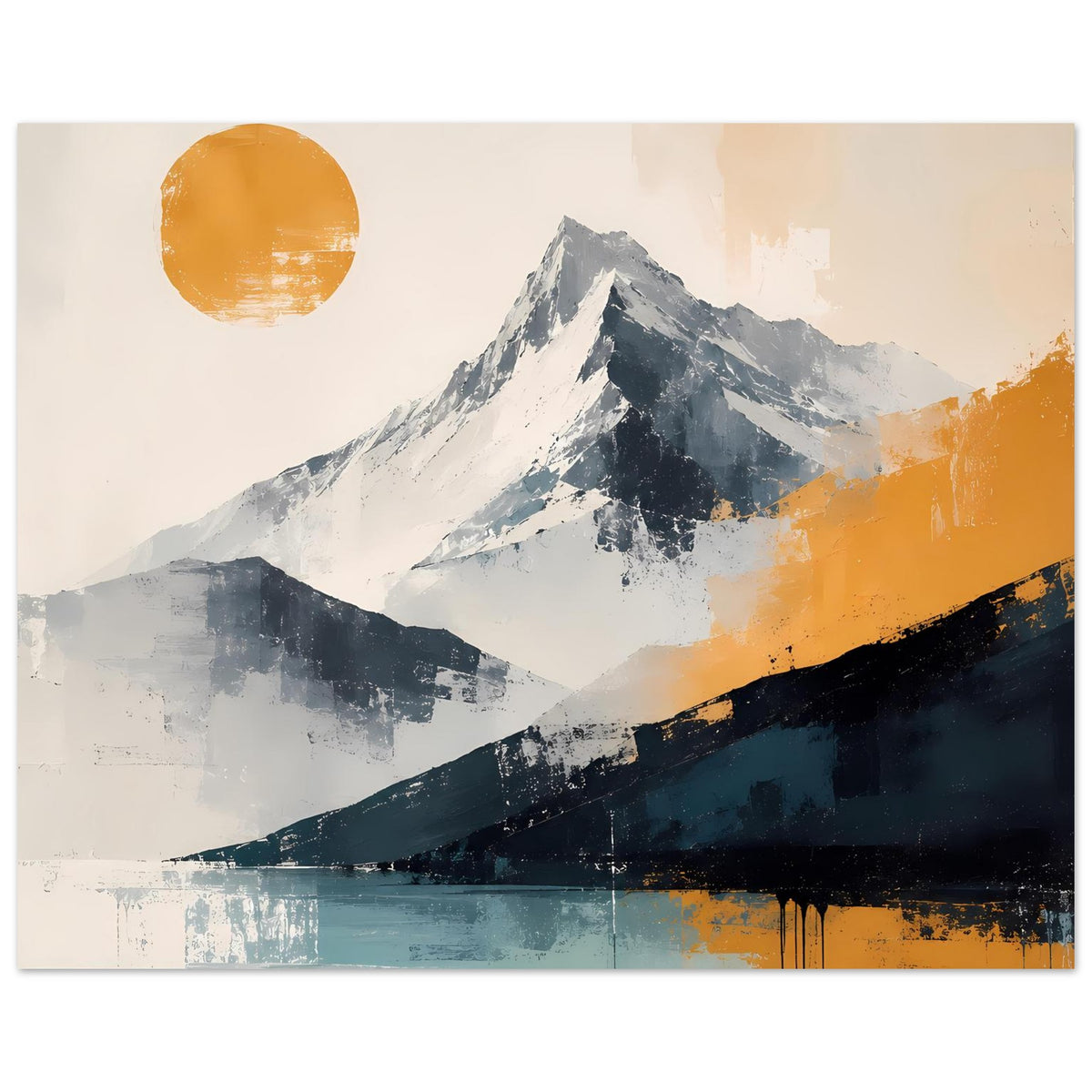 Abstrakter Berglandschaftsdruck horizontal mit Sonnenkreis, Gebirge in Blau-Grau und warmen Orangetönen