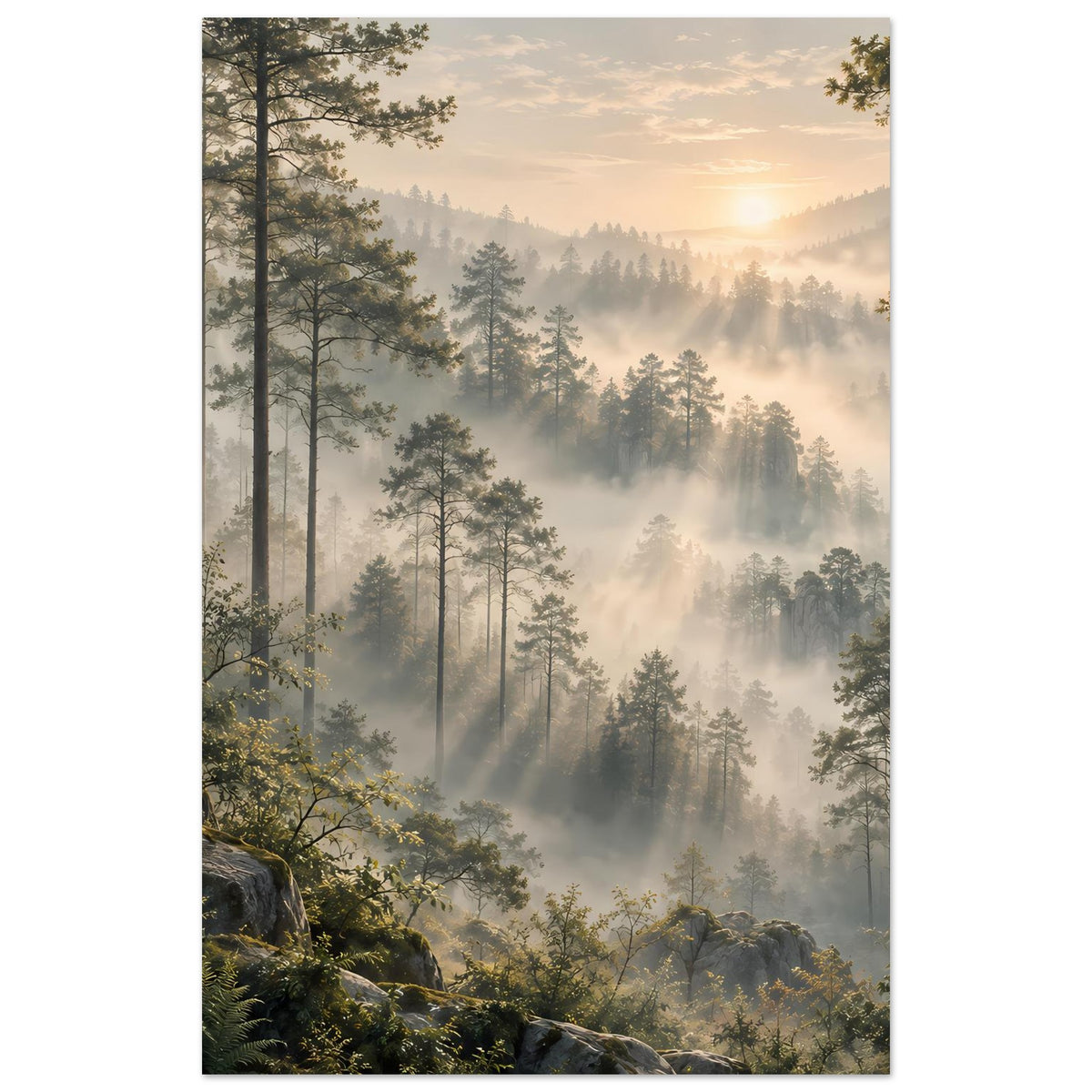 Waldlandschaft-Poster im Hochformat mit Nebel über Tannen und sanftem Sonnenlicht