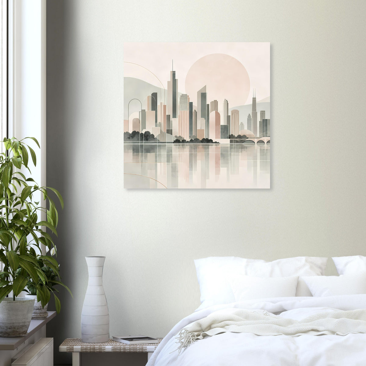 Quadratisches Stadtposter mit Skyline-Silhouetten, Pastell-Sonnenuntergang und spiegelndem Wasser