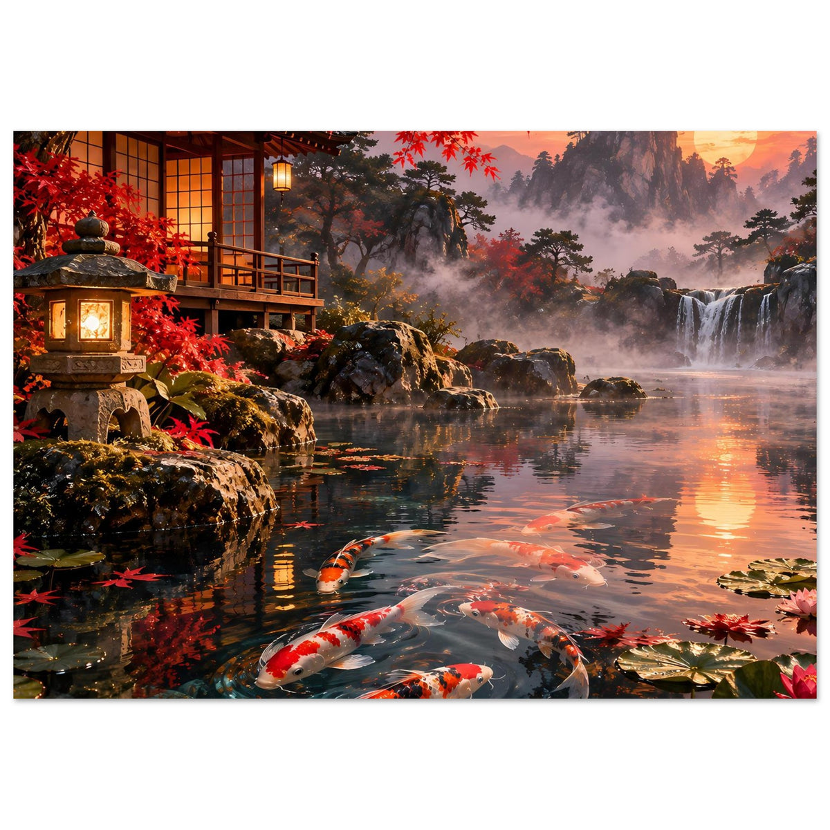 Horizontales Poster: Koi-Fische im Teich, rote Blätter am Rand und Felsbrocken