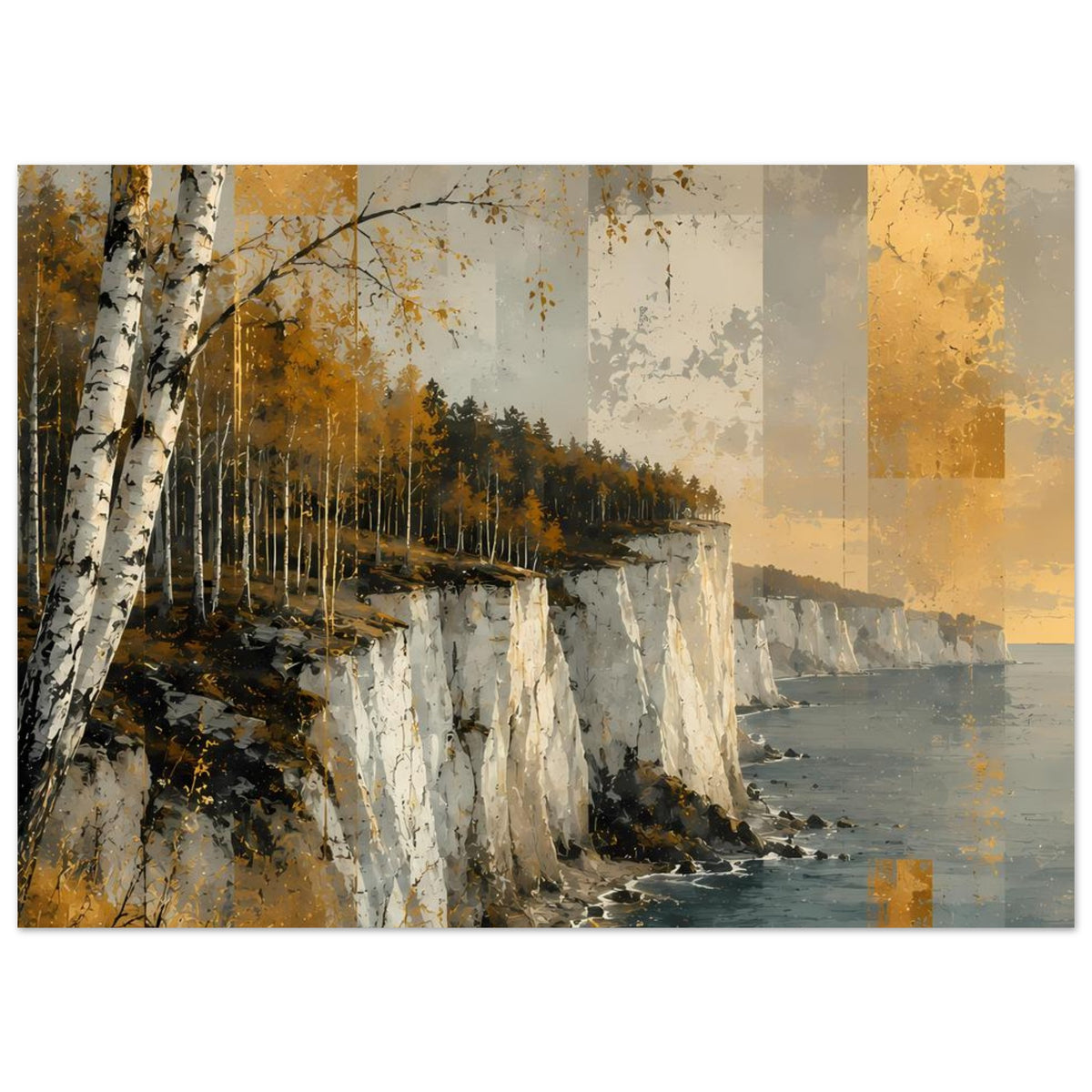 Herbstliches Küstenlandschafts-Poster, panoramaartige Ansicht: Steilküste, Birkenwald, Meer in Goldtönen