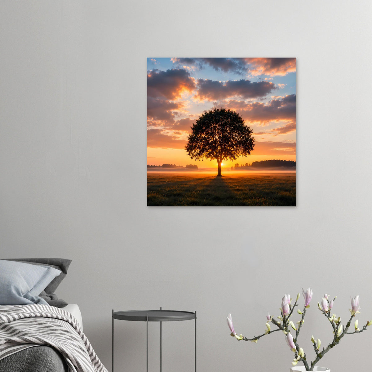 Baum-Poster klein an der Wand: Einzelbaum im Sonnenuntergang über Wiese und Wolken