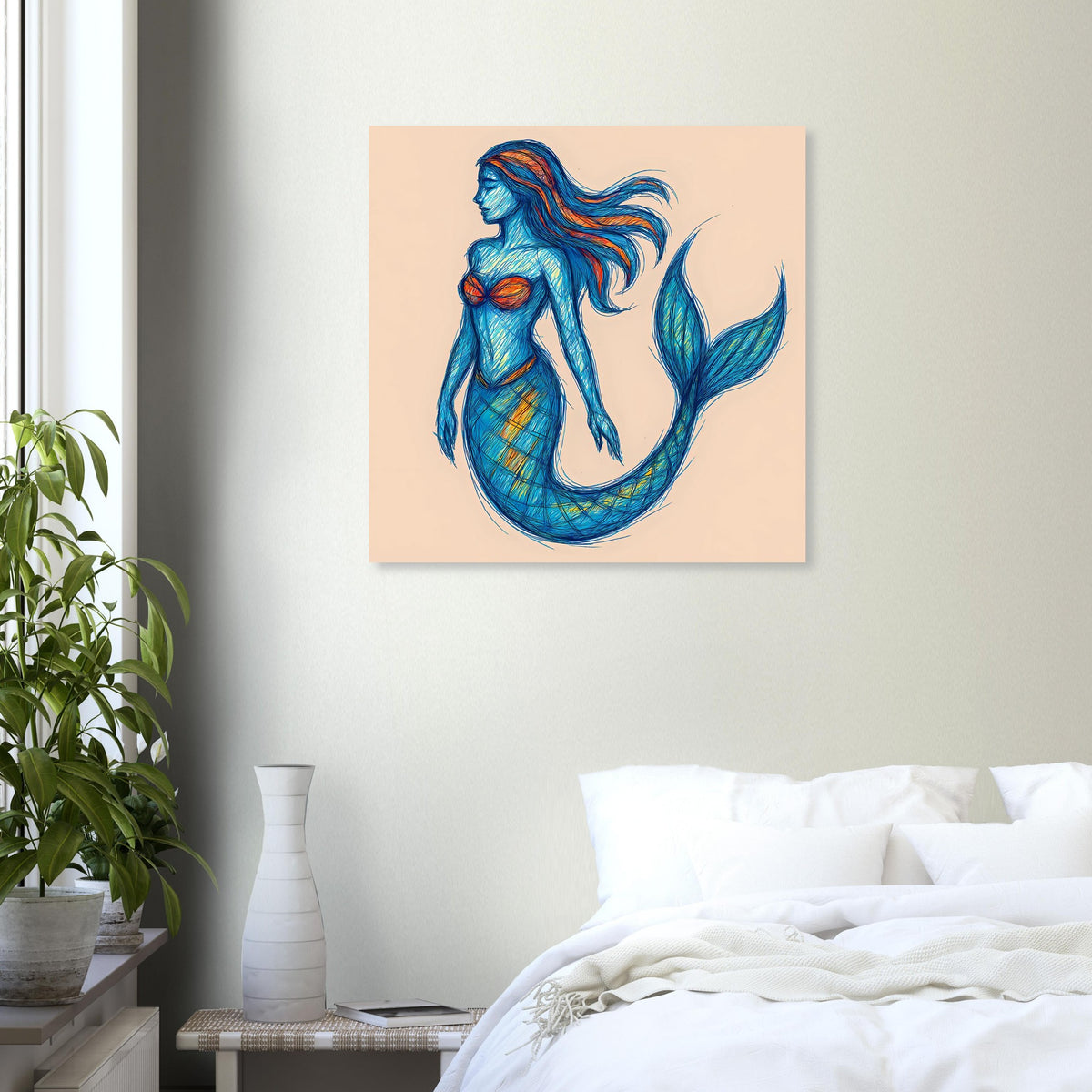 Gerahmtes Kunstposter mit blauer Meerjungfrau, seitliche Pose mit langem, fließendem Haar