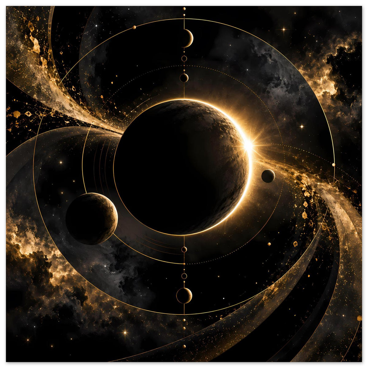 Weltraum-Poster mit schwarzem Planeten, goldener Strahlkrone und umlaufenden Bahnen