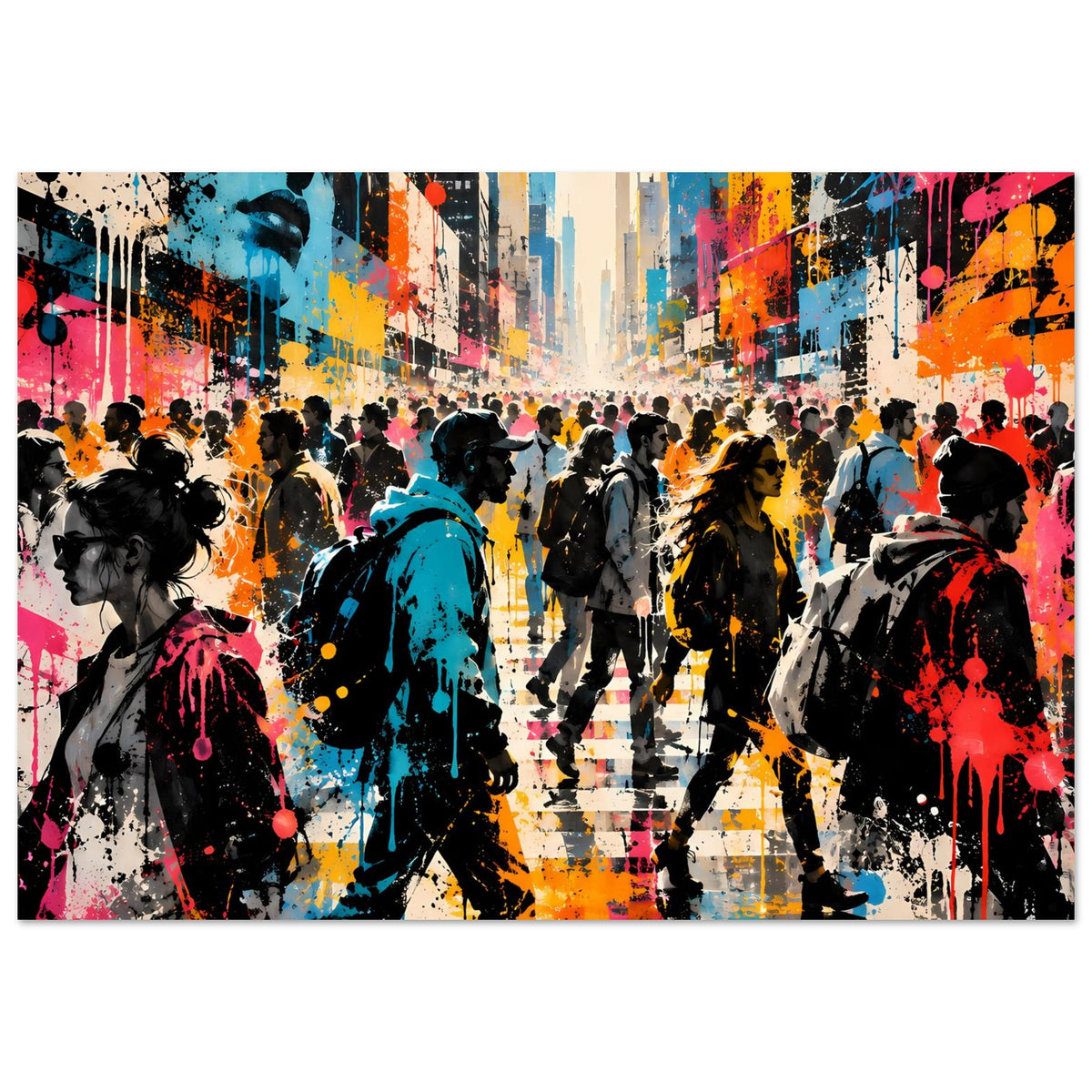 Street-Art-Poster im Querformat: bunte Stadtstraße mit Menschen-Silhouetten, Graffiti-Spritzer