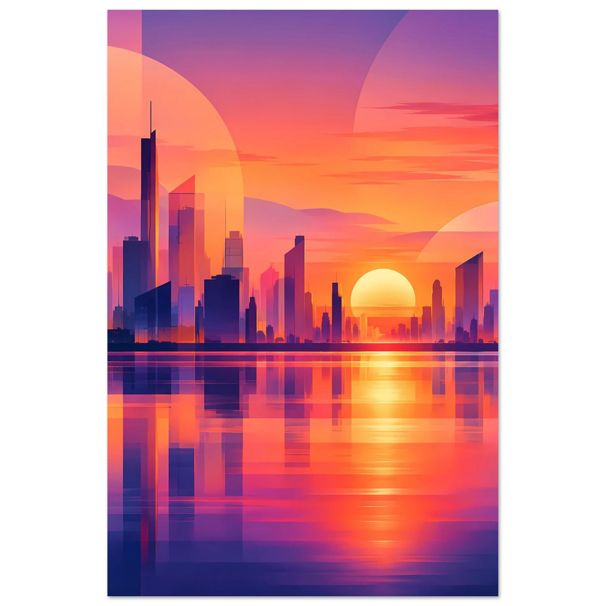 Stadtposter im Hochformat: Skyline bei Sonnenuntergang mit Wasserspiegelung