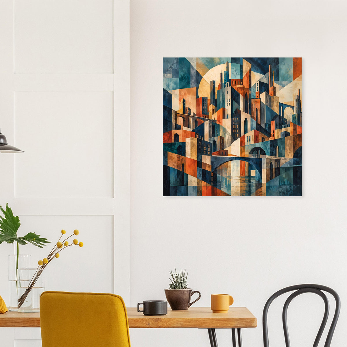 Cityscape-Poster mit geometrischer Stadtansicht und Brücke in warmen Erd- und Blautönen