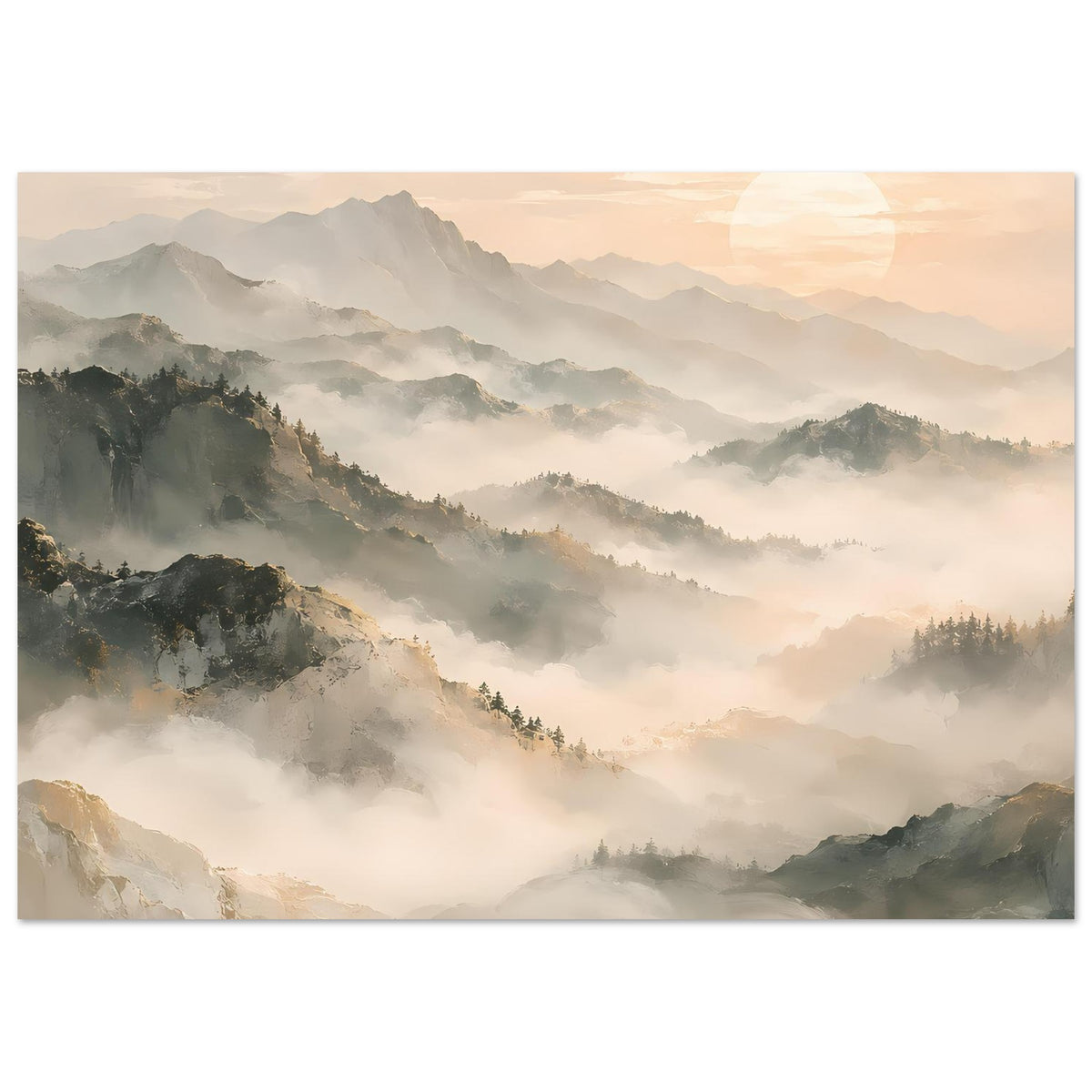 Bergposter mit Panorama aus Nebel und Bergen, warmes Licht, matt, horizontal