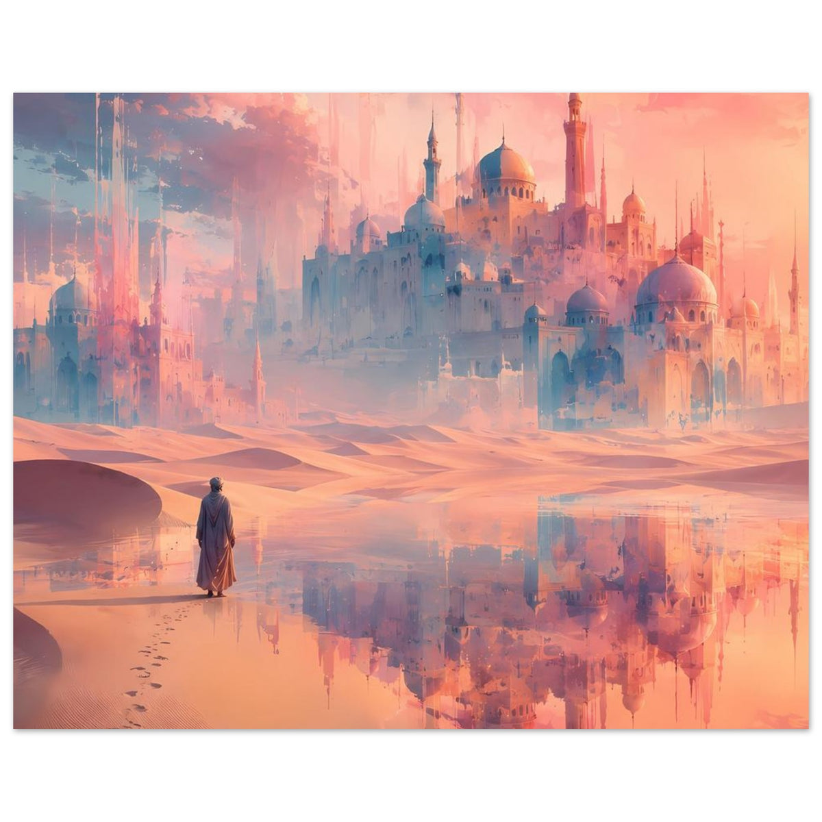 Horizontales Poster: orientalische Stadtansicht mit Kuppeln, Sanddünen und Spiegelbild.
