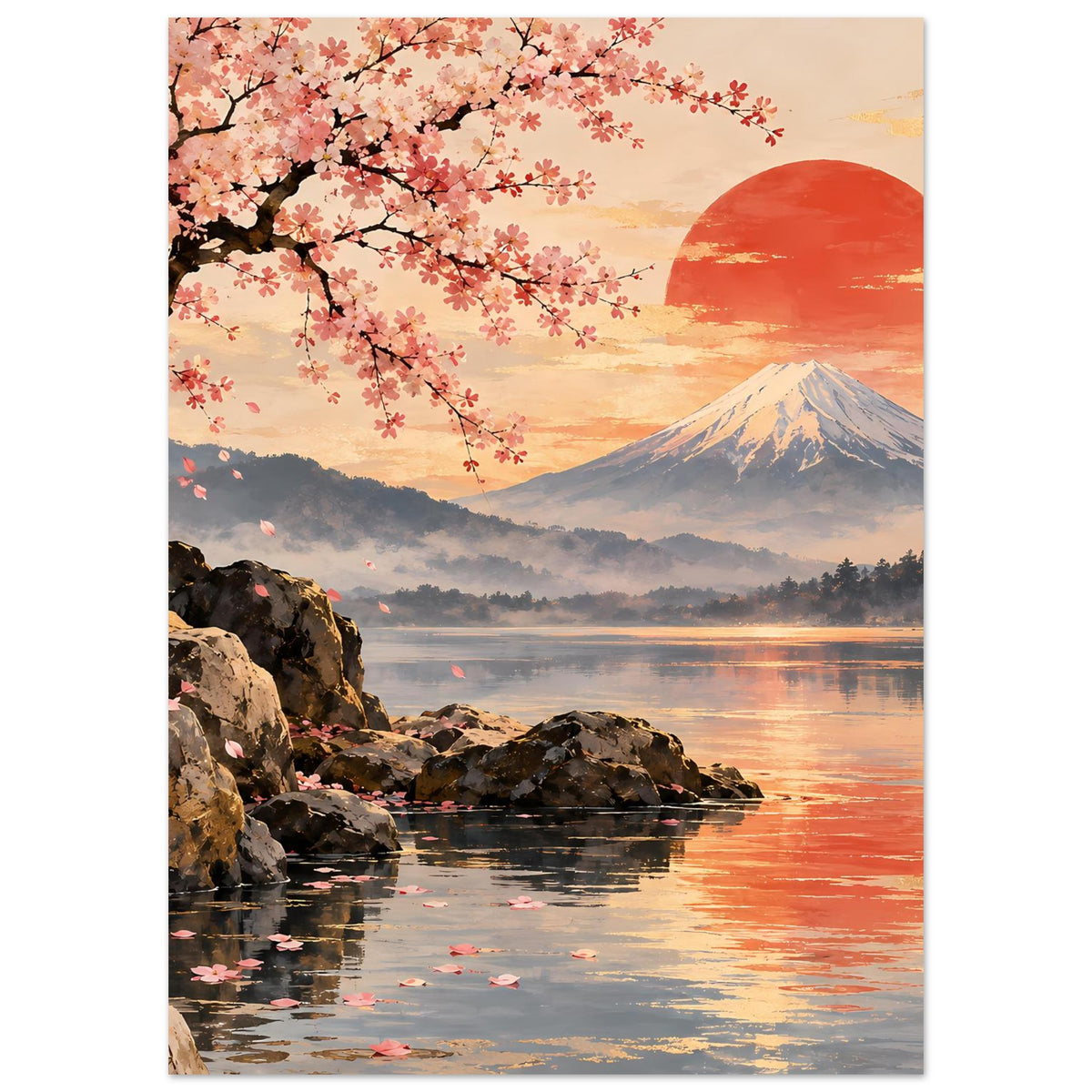 Hochkant-Poster mit Kirschblüten und Berg Fuji; roter Sonnenball über See und Spiegelungen